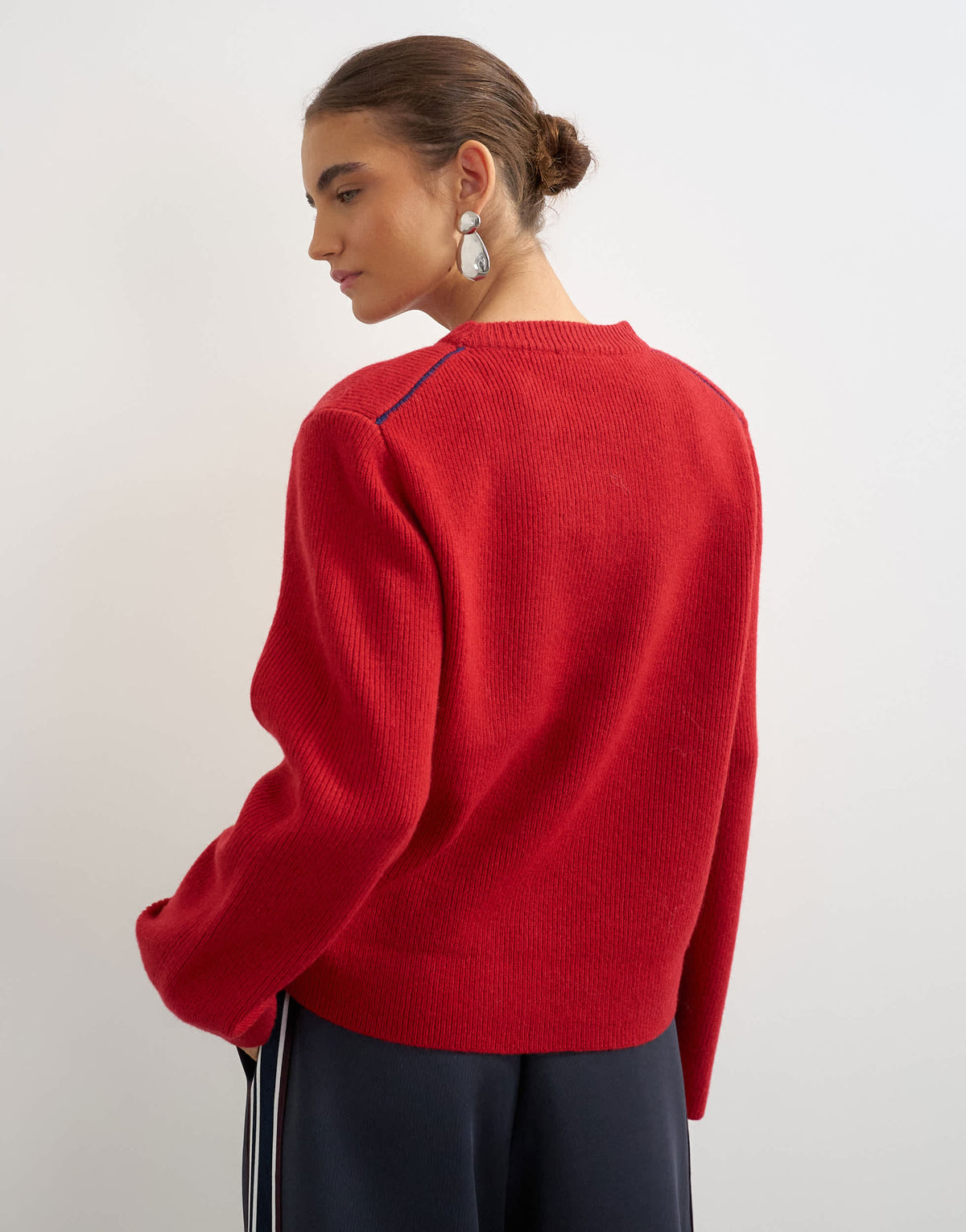 Topshop knitted premium pure lambswool soft shoulder pad jumper in red with blue tipping