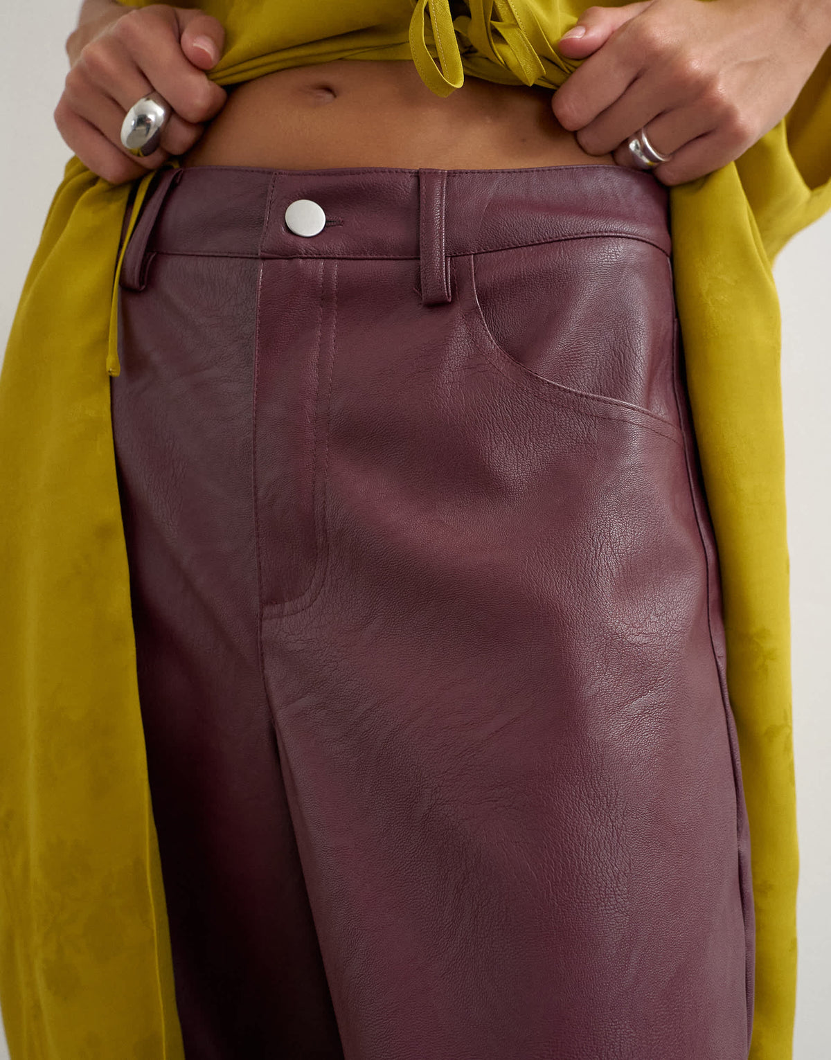 Topshop faux leather barrel leg trouser in fig