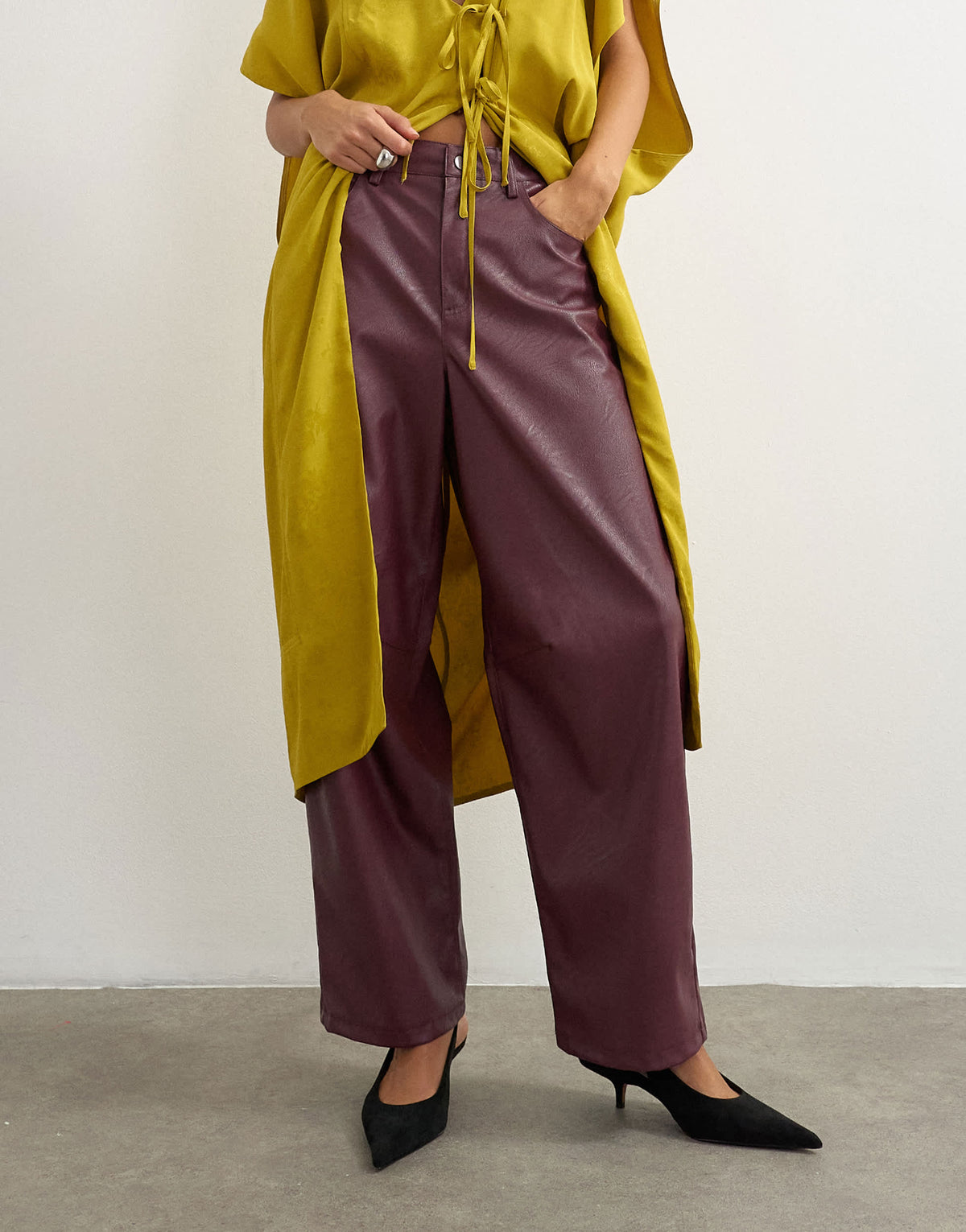 Topshop faux leather barrel leg trouser in fig