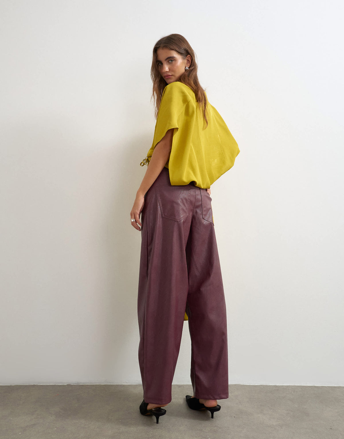Topshop faux leather barrel leg trouser in fig