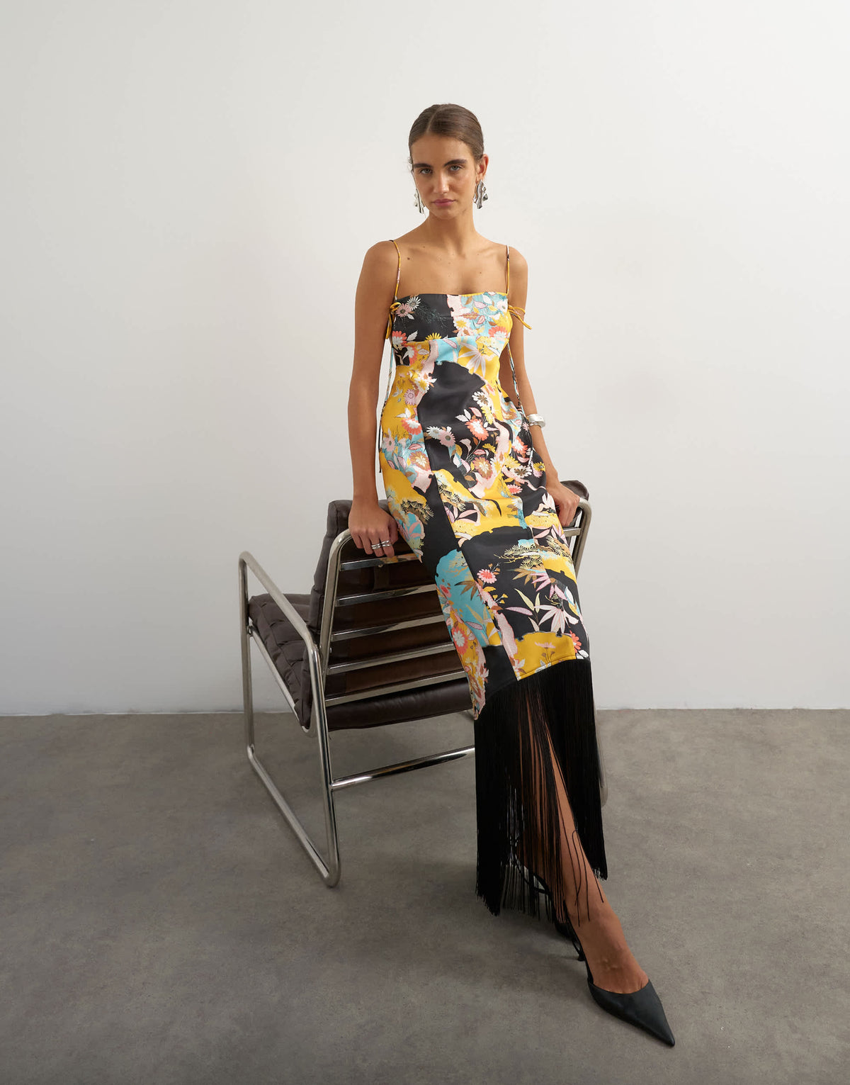 Topshop satin strappy square neck maxi dress with fringed hem in black based floral print