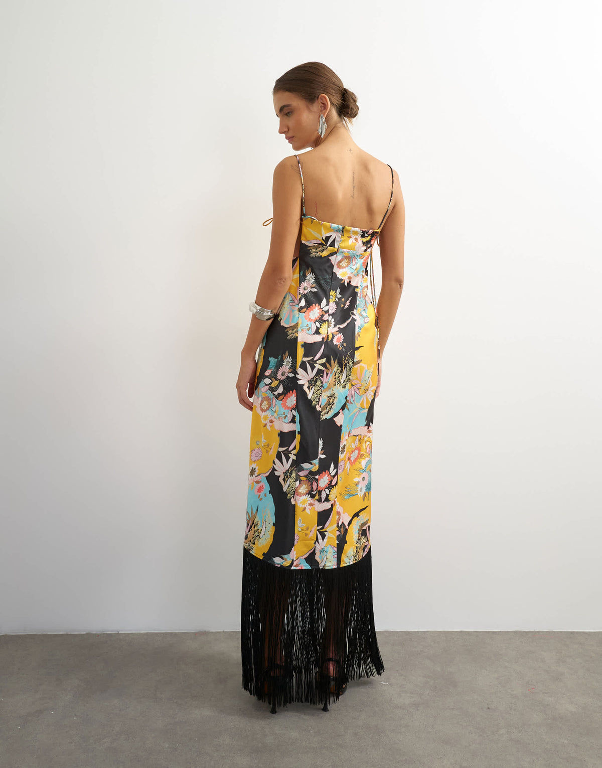 Topshop satin strappy square neck maxi dress with fringed hem in black based floral print