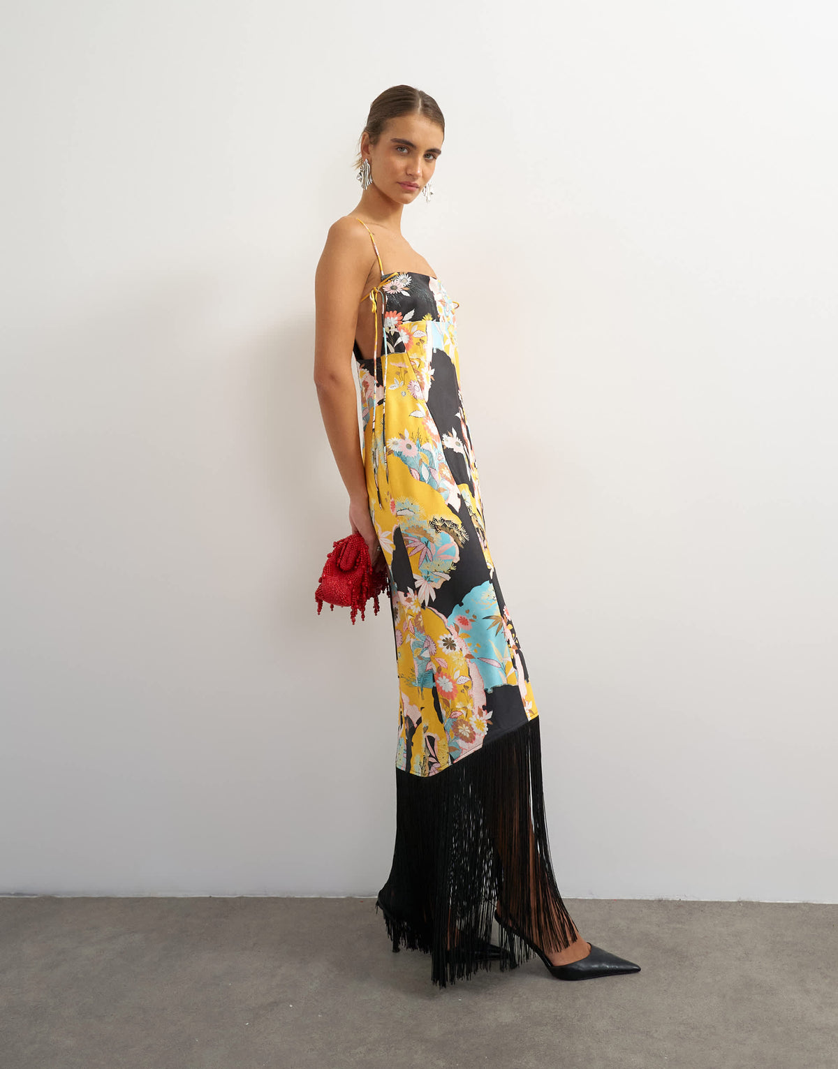 Topshop satin strappy square neck maxi dress with fringed hem in black based floral print