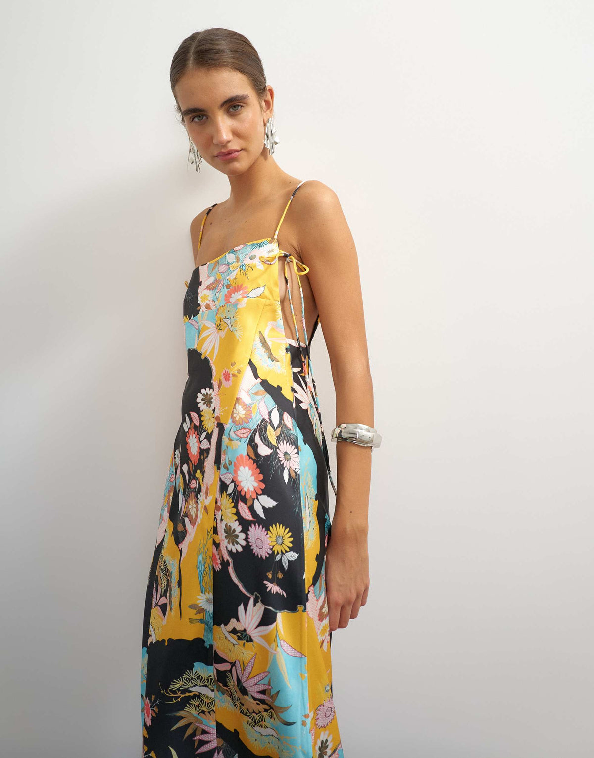 Topshop satin strappy square neck maxi dress with fringed hem in black based floral print
