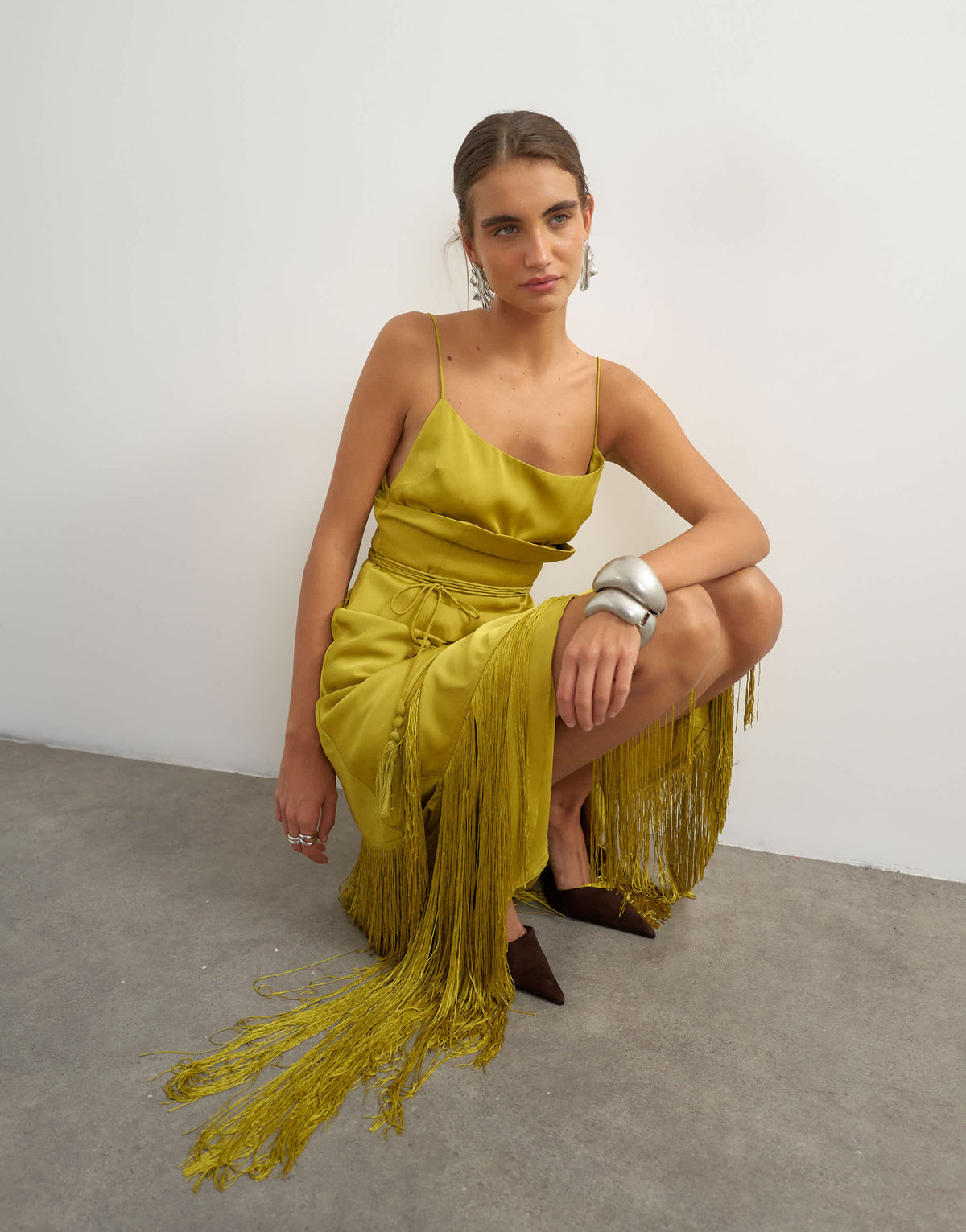 Topshop premium satin corset maxi dress with fringing detail in olive