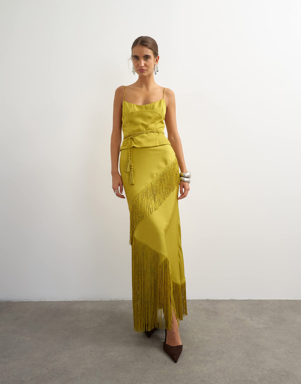 Topshop premium satin corset maxi dress with fringing detail in olive