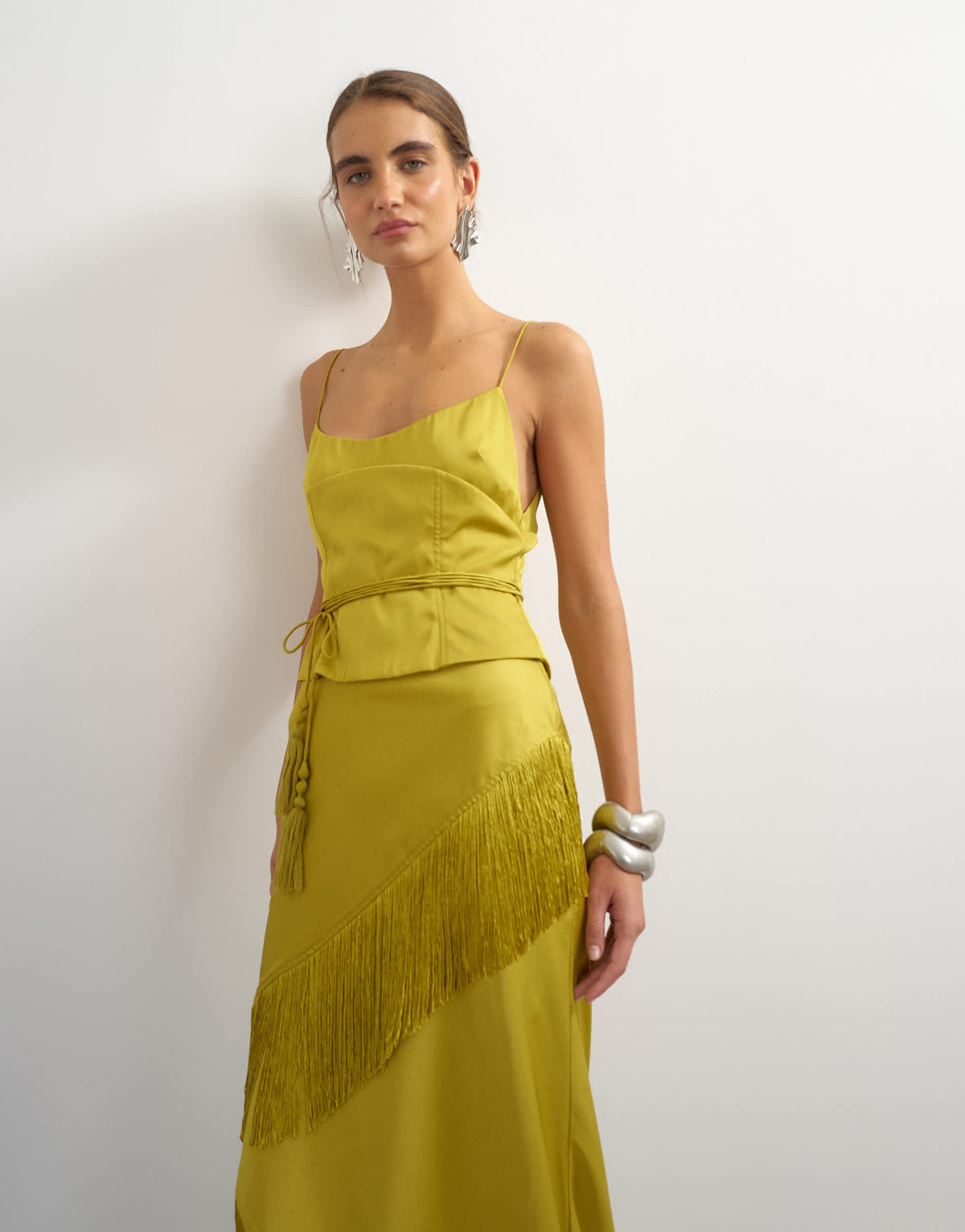 Topshop premium satin corset maxi dress with fringing detail in olive
