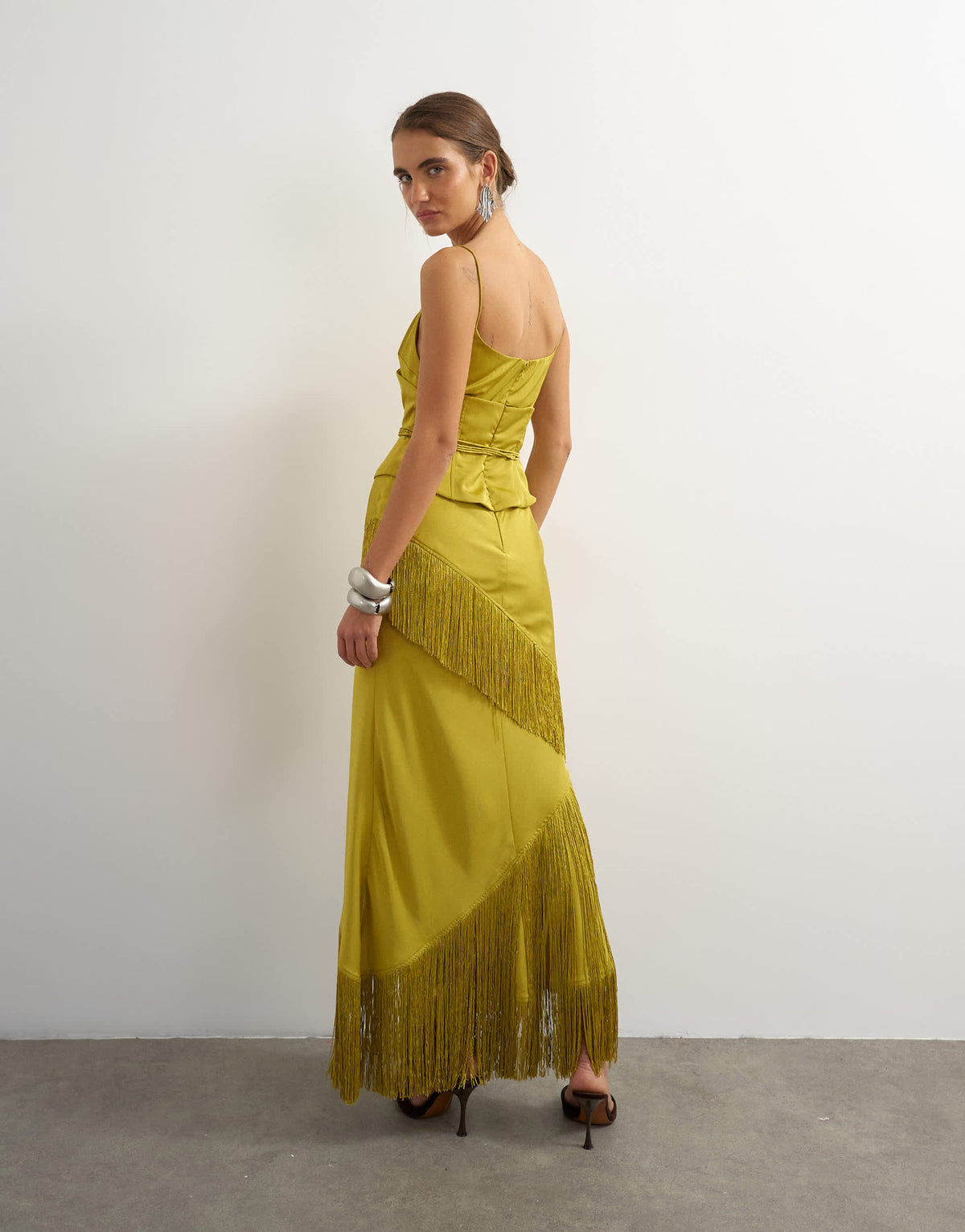 Topshop premium satin corset maxi dress with fringing detail in olive