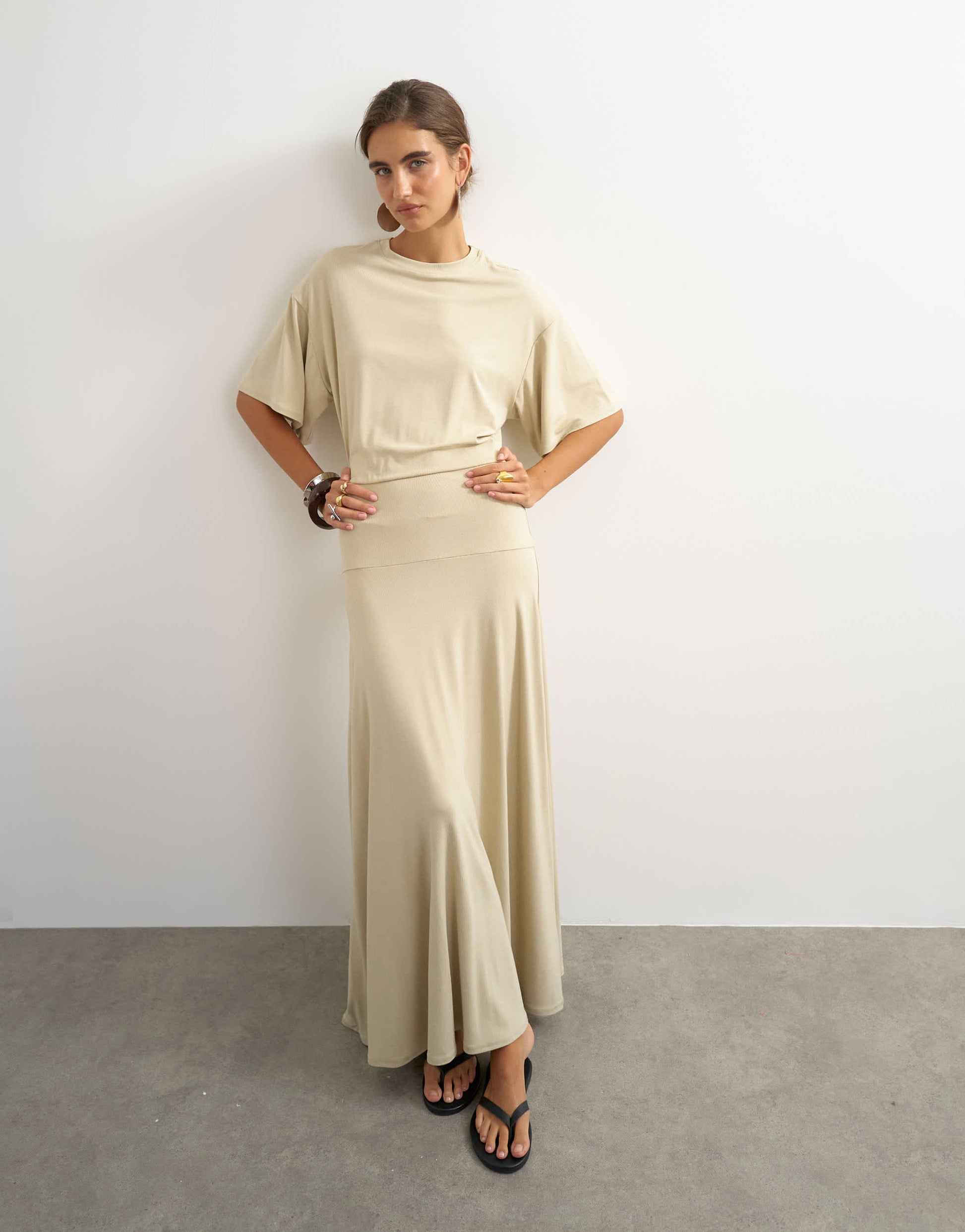 Topshop viscose blend jersey dropped waist maxi dress in stone