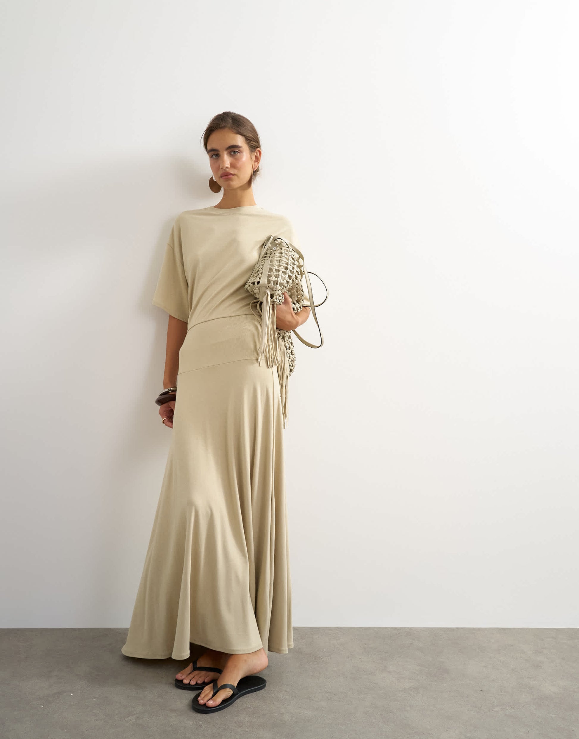 Topshop viscose blend jersey dropped waist maxi dress in stone
