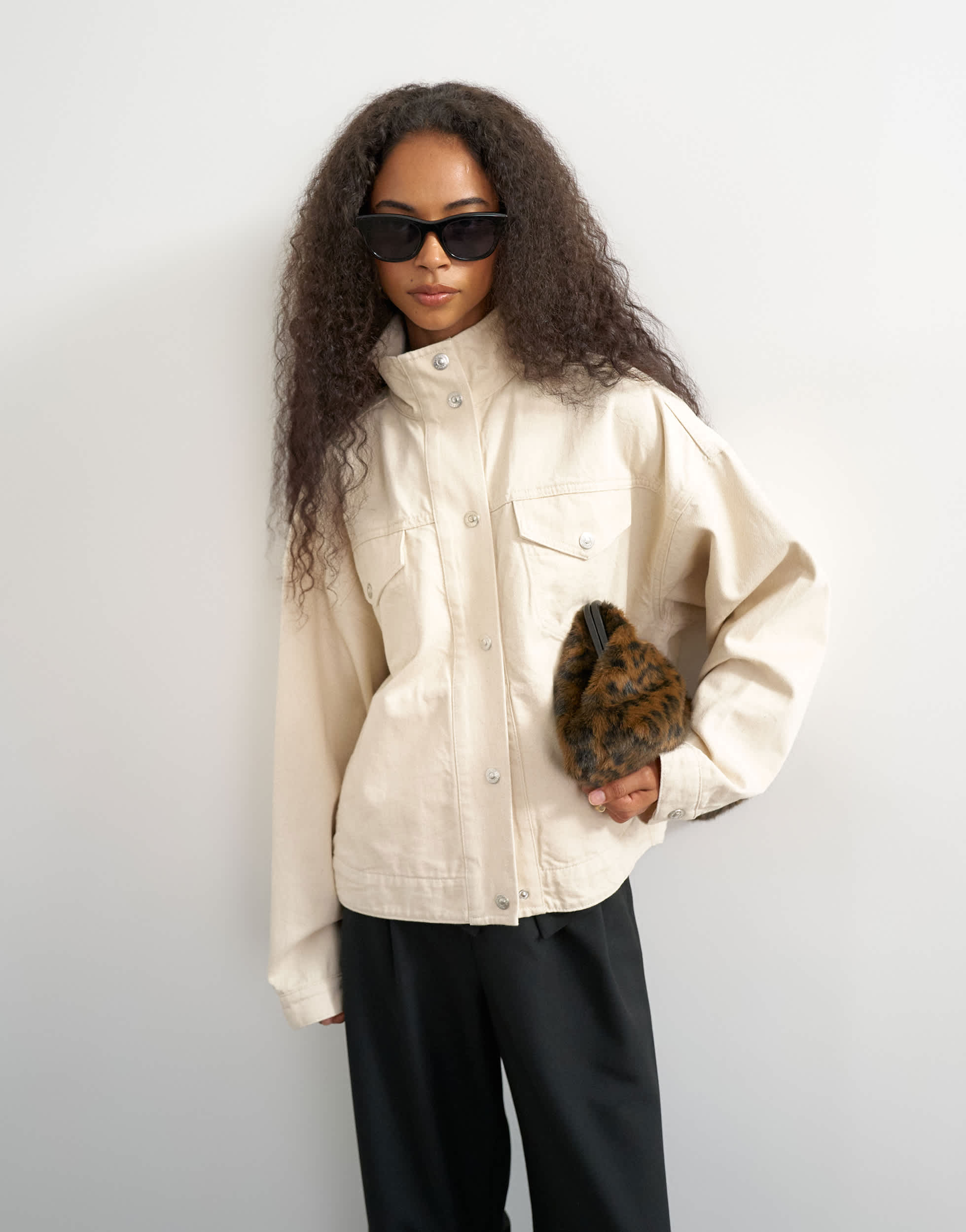 Topshop funnel neck denim jacket in natural