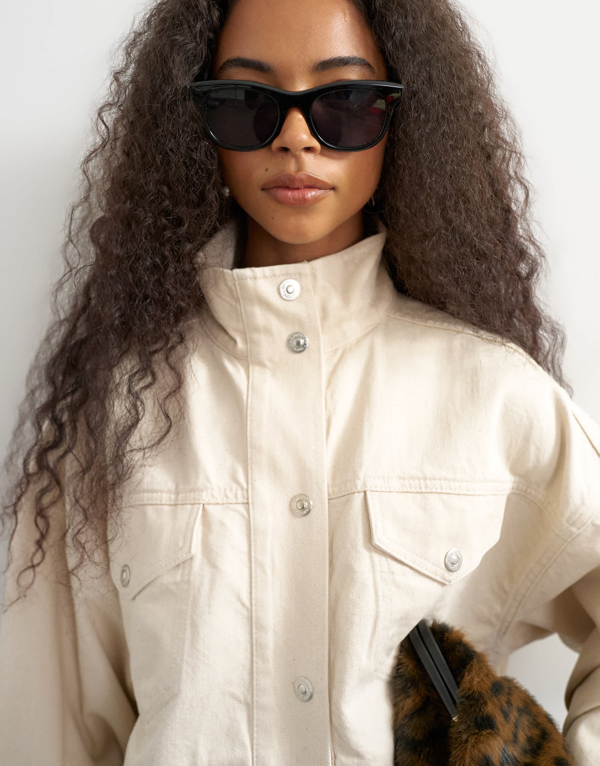 Topshop funnel neck denim jacket in natural