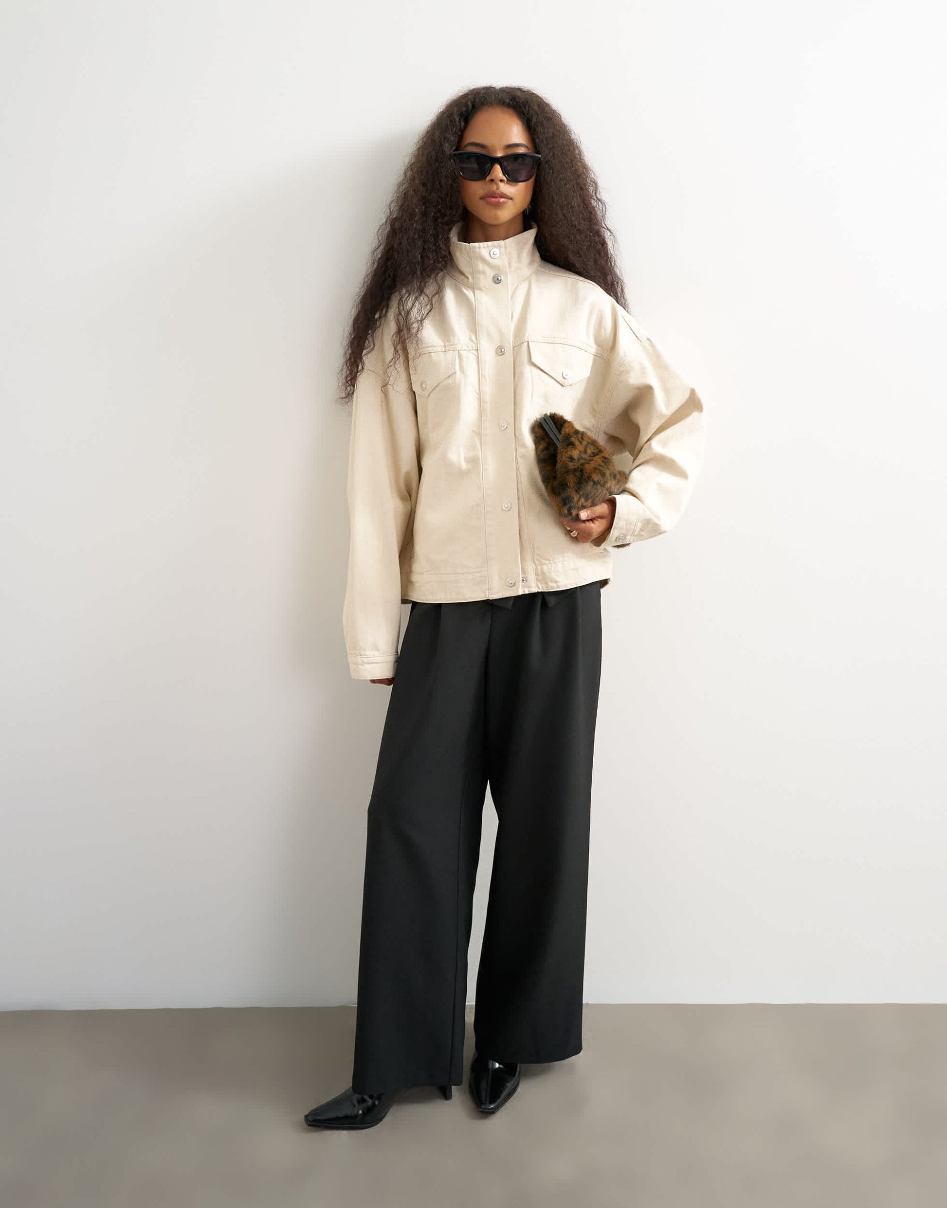 Topshop funnel neck denim jacket in natural
