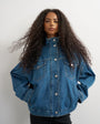 Topshop funnel neck denim jacket in green cast