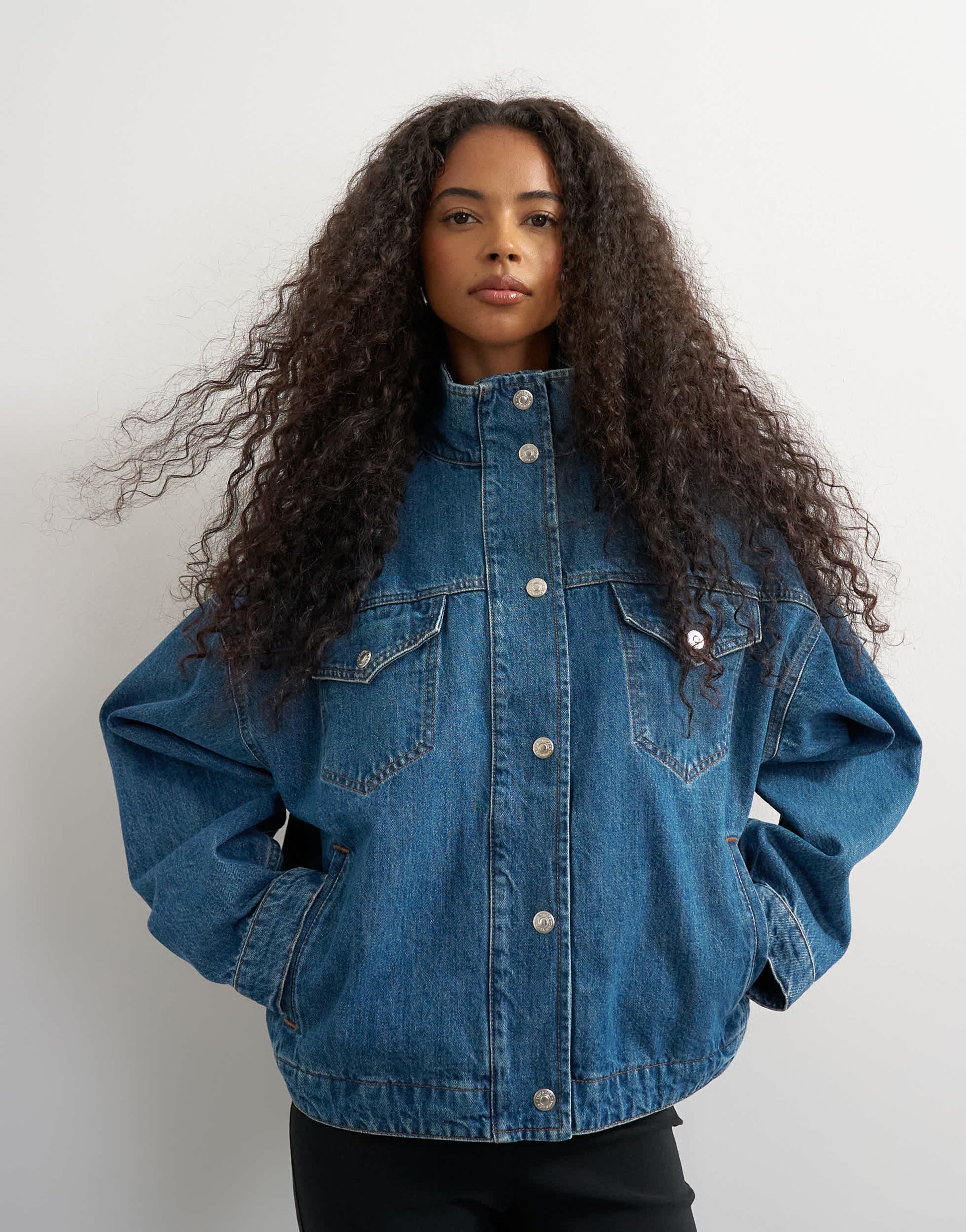 Topshop funnel neck denim jacket in green cast