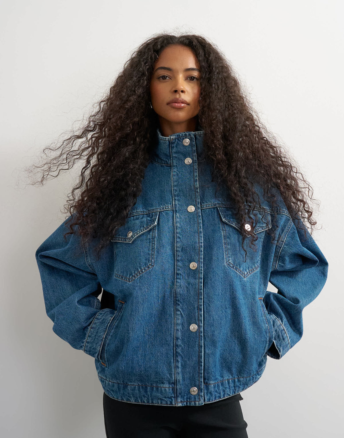 Topshop funnel neck denim jacket in green cast