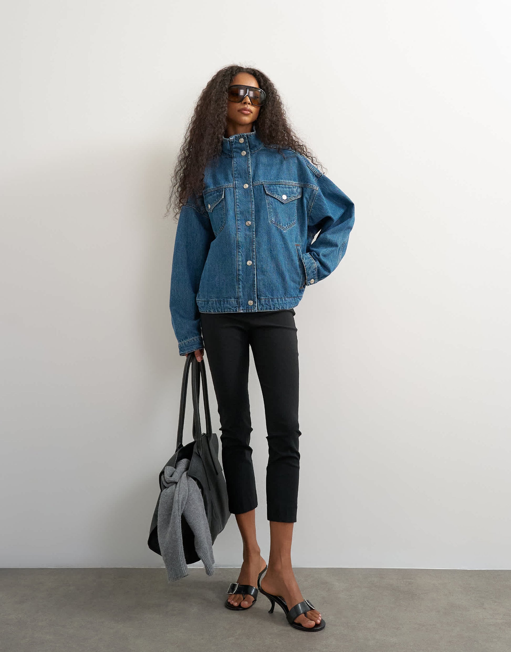Topshop funnel neck denim jacket in green cast
