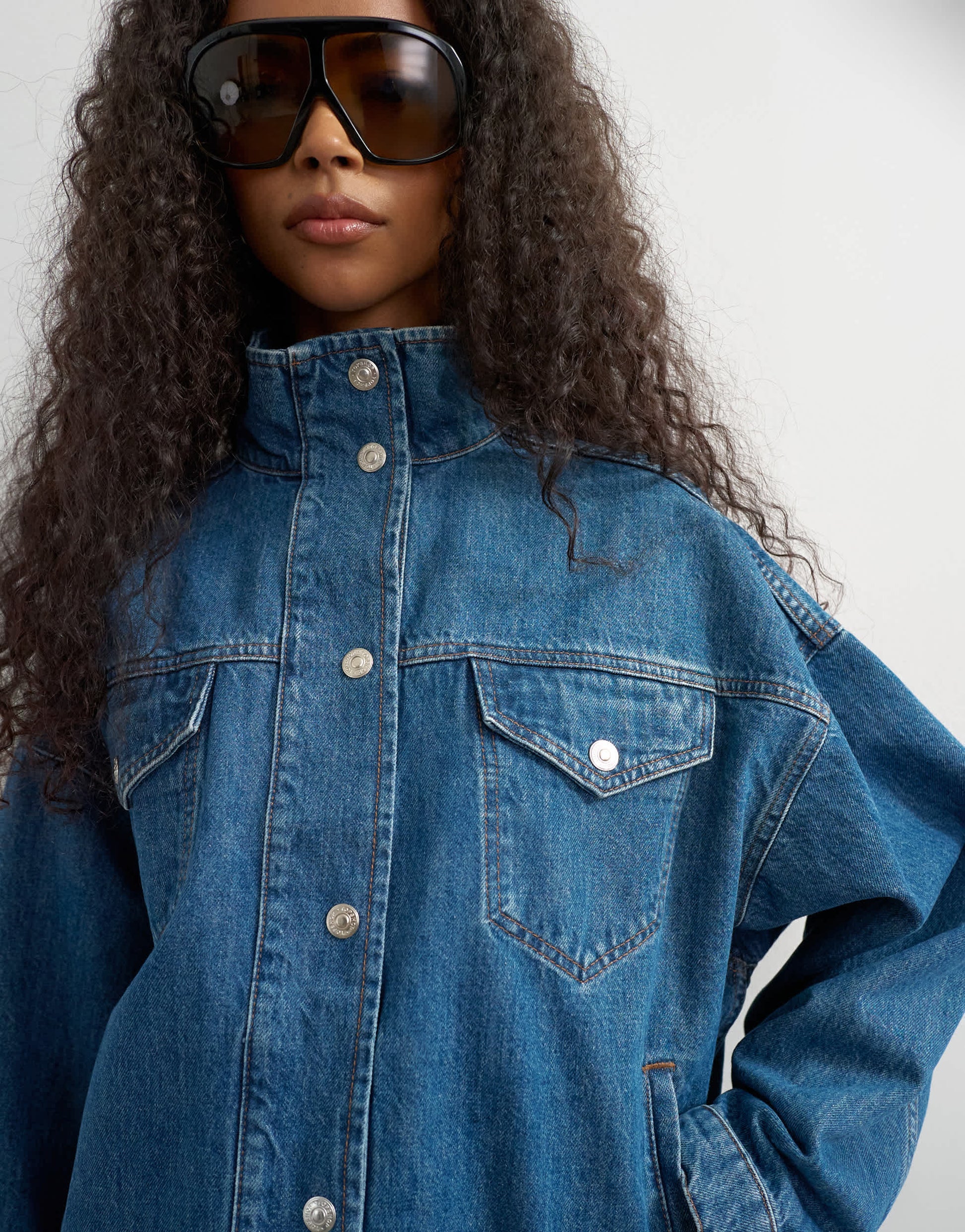 Topshop funnel neck denim jacket in green cast