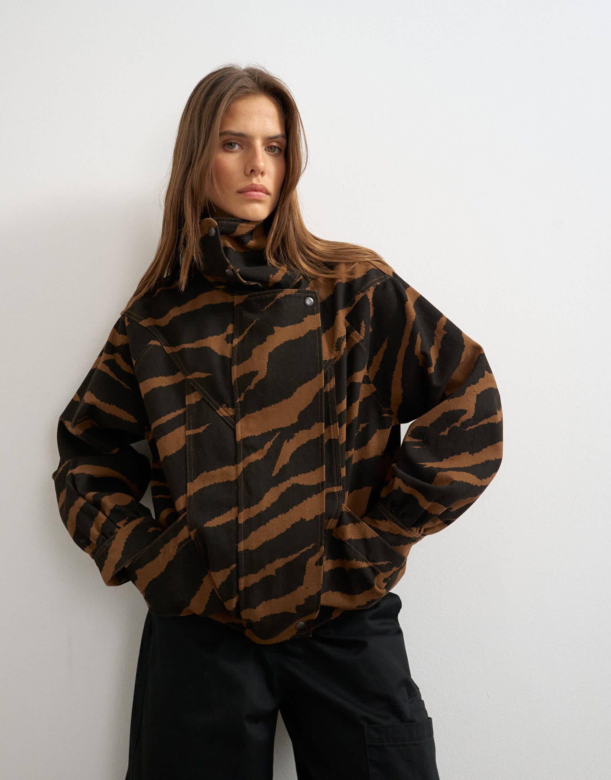 Topshop padded denim bomber jacket in zebra 