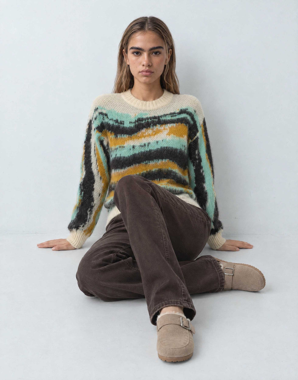 Topshop knitted painted stripe crew neck jumper in multi
