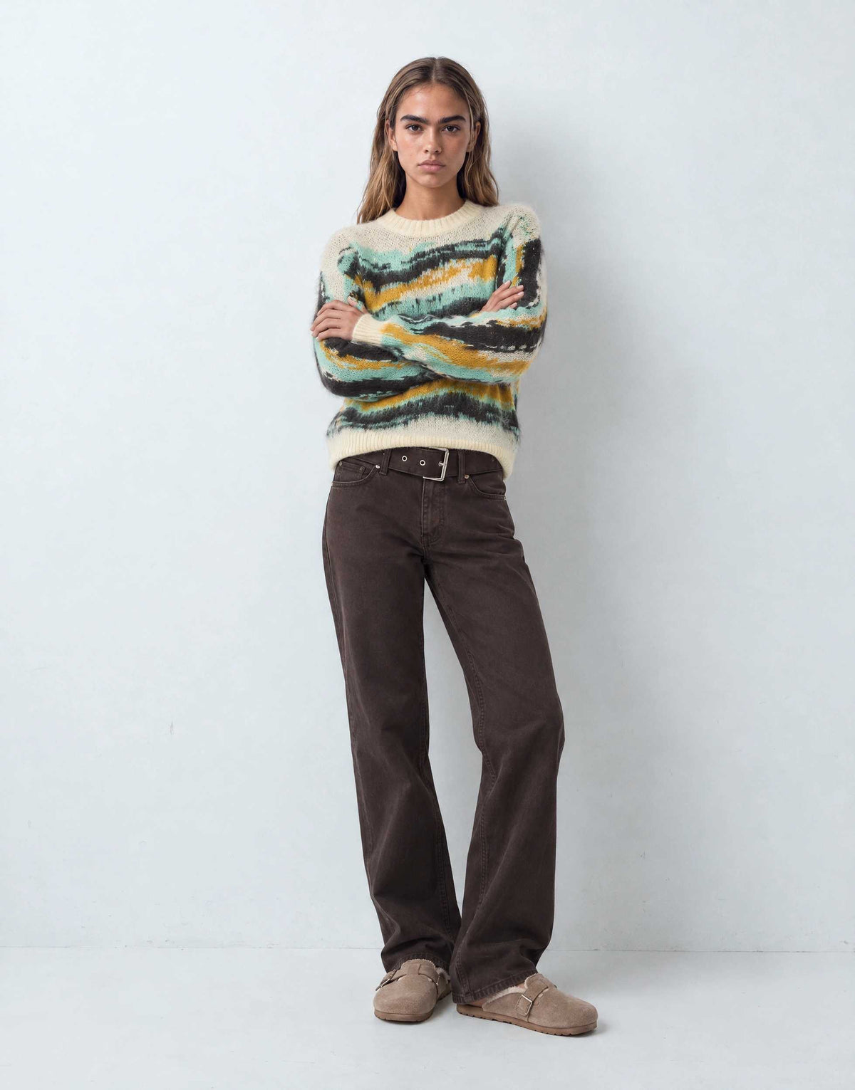 Topshop knitted painted stripe crew neck jumper in multi
