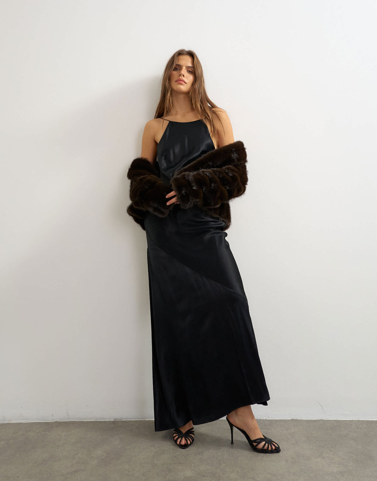 Topshop satin bias halter neck open scoop back maxi dress in black