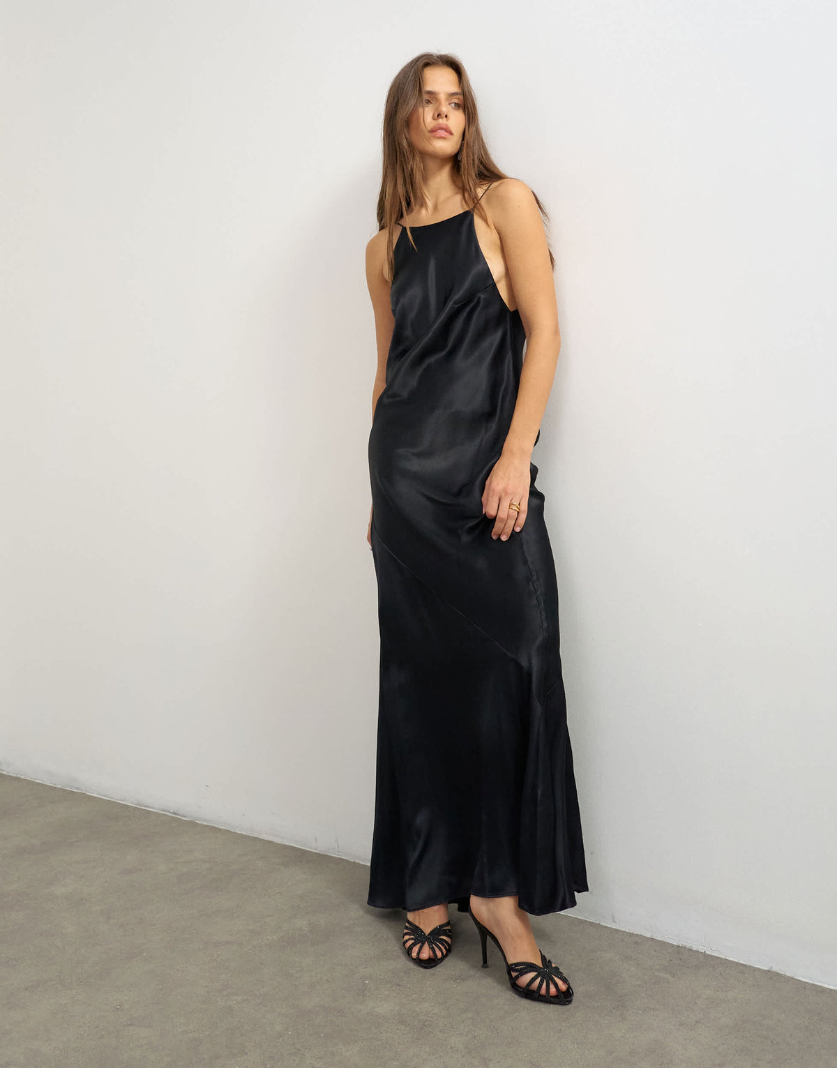 Topshop satin bias halter neck open scoop back maxi dress in black