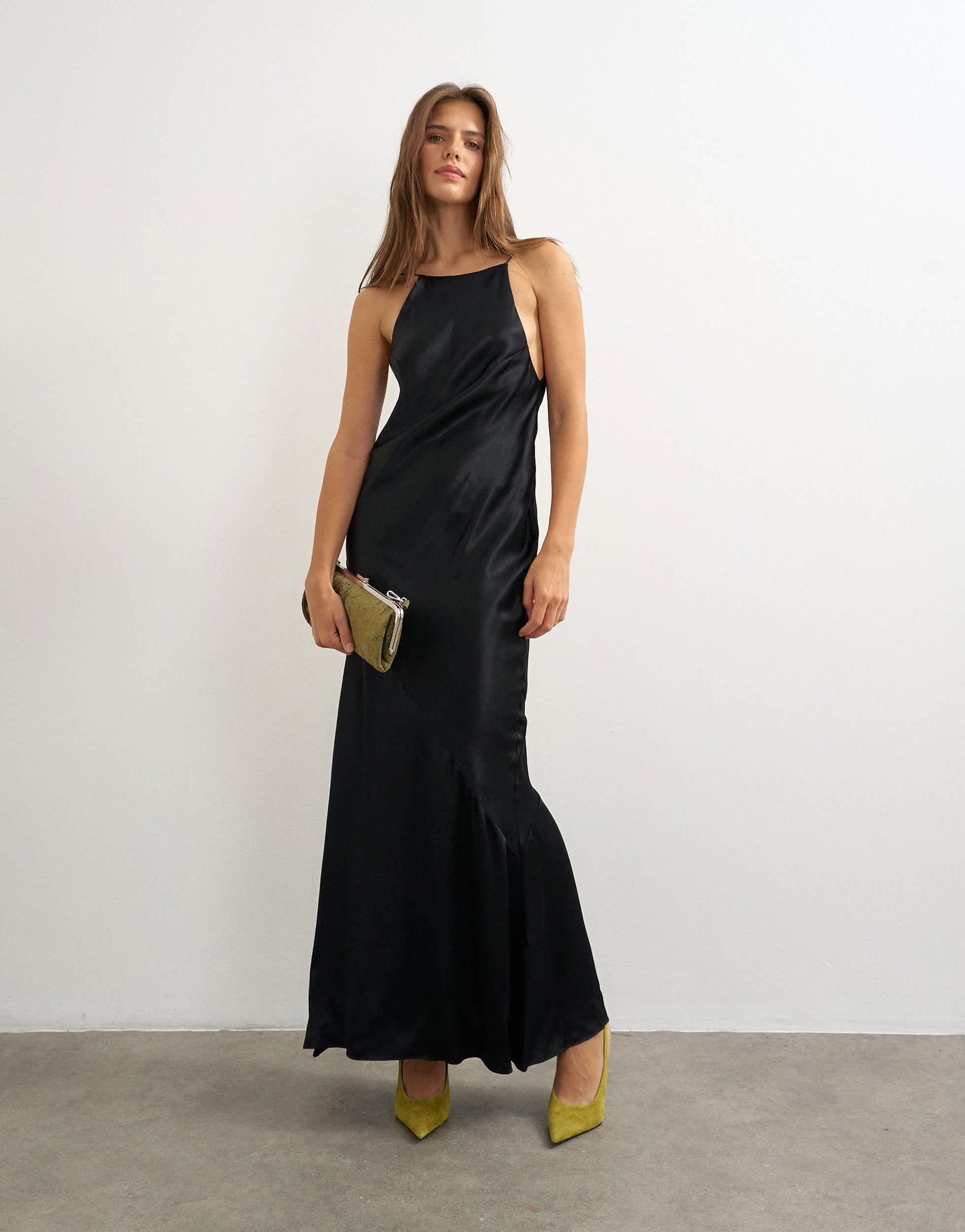 Topshop satin bias halter neck open scoop back maxi dress in black