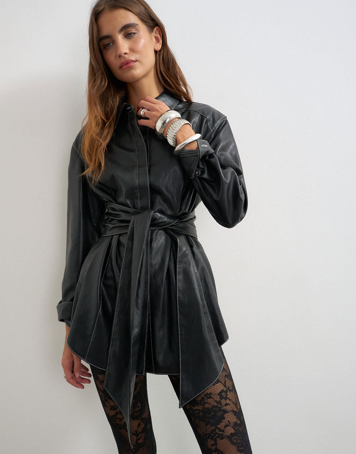 Topshop faux leather contrast stitch belted shirt in black