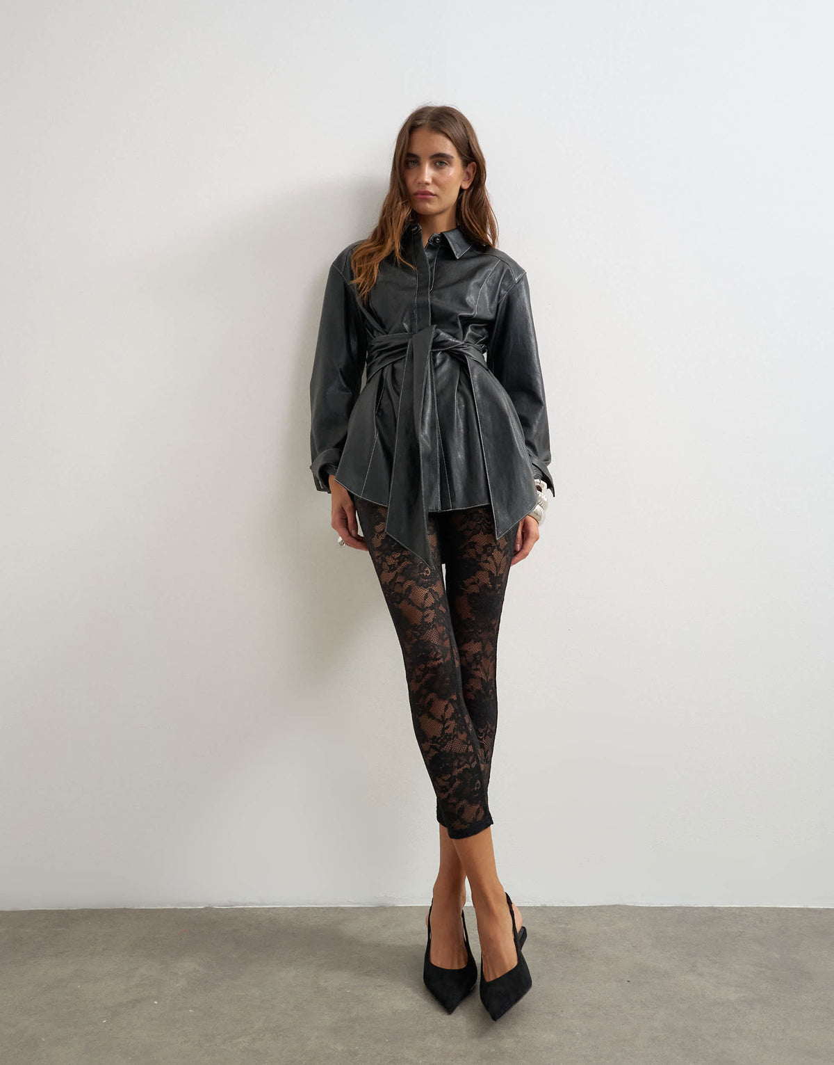 Topshop faux leather contrast stitch belted shirt in black