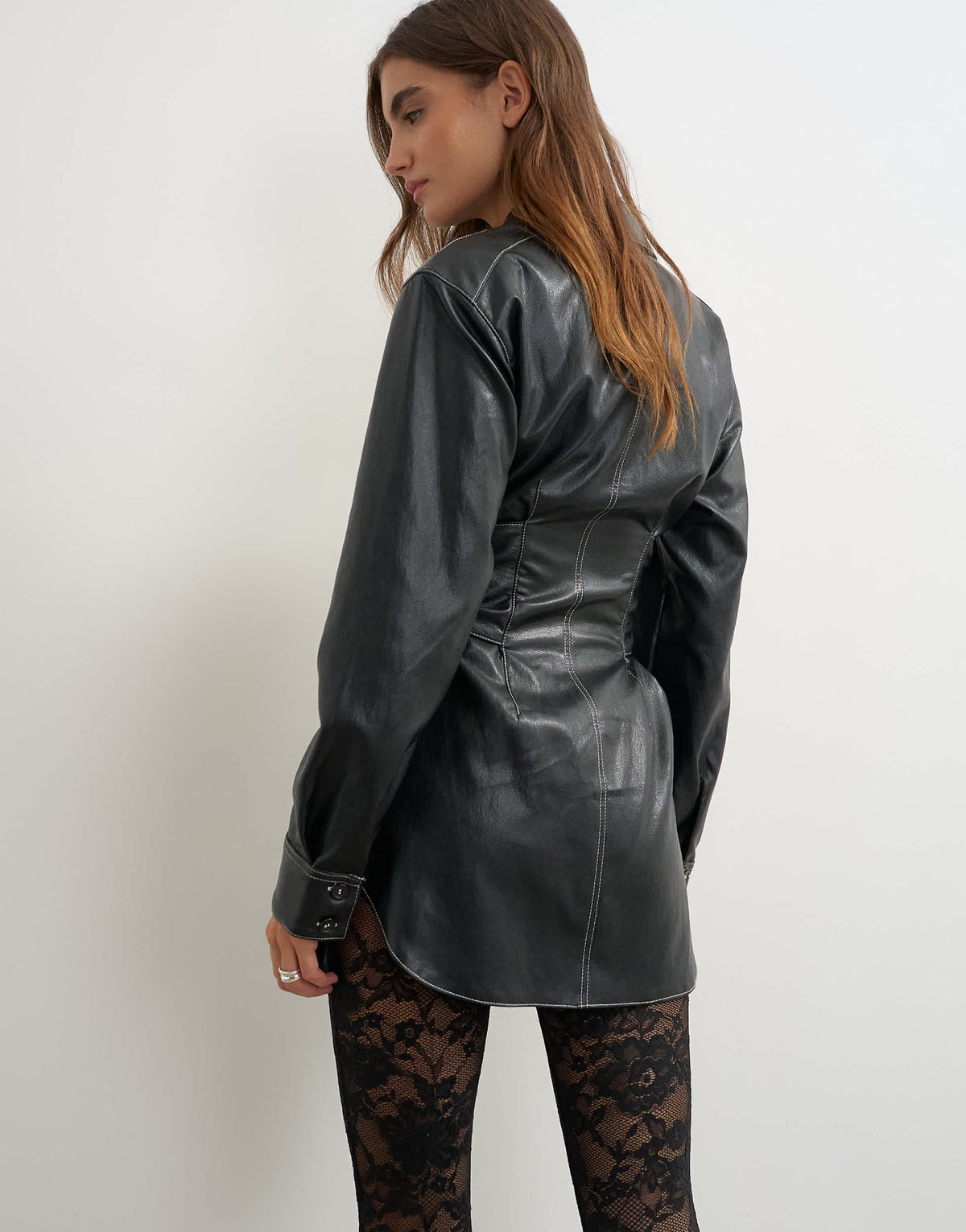 Topshop faux leather contrast stitch belted shirt in black