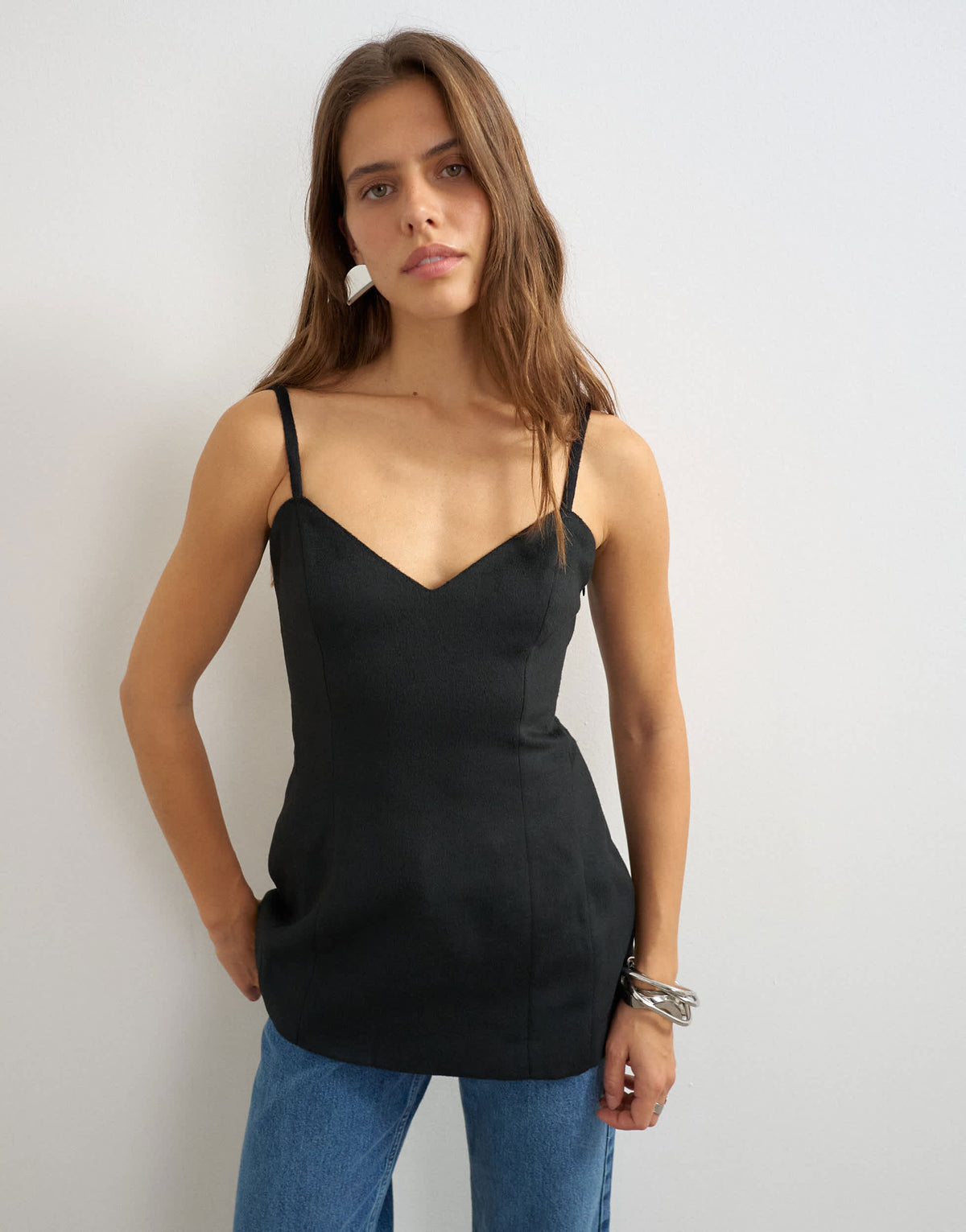 Topshop premium faux brushed pony structured peplum cami in black