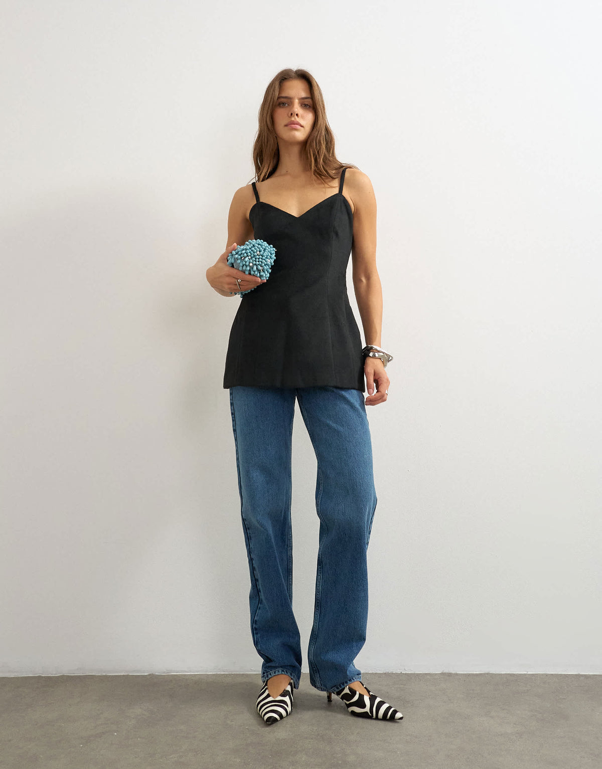 Topshop premium faux brushed pony structured peplum cami in black