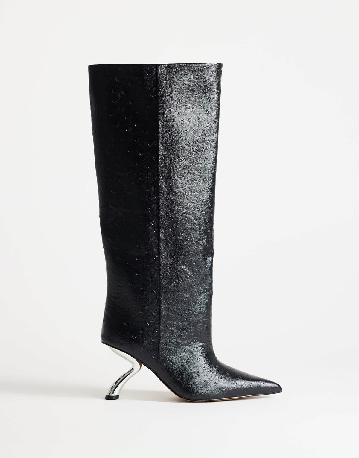 Topshop Trinity angular heel knee high boot in black ostrich and silver