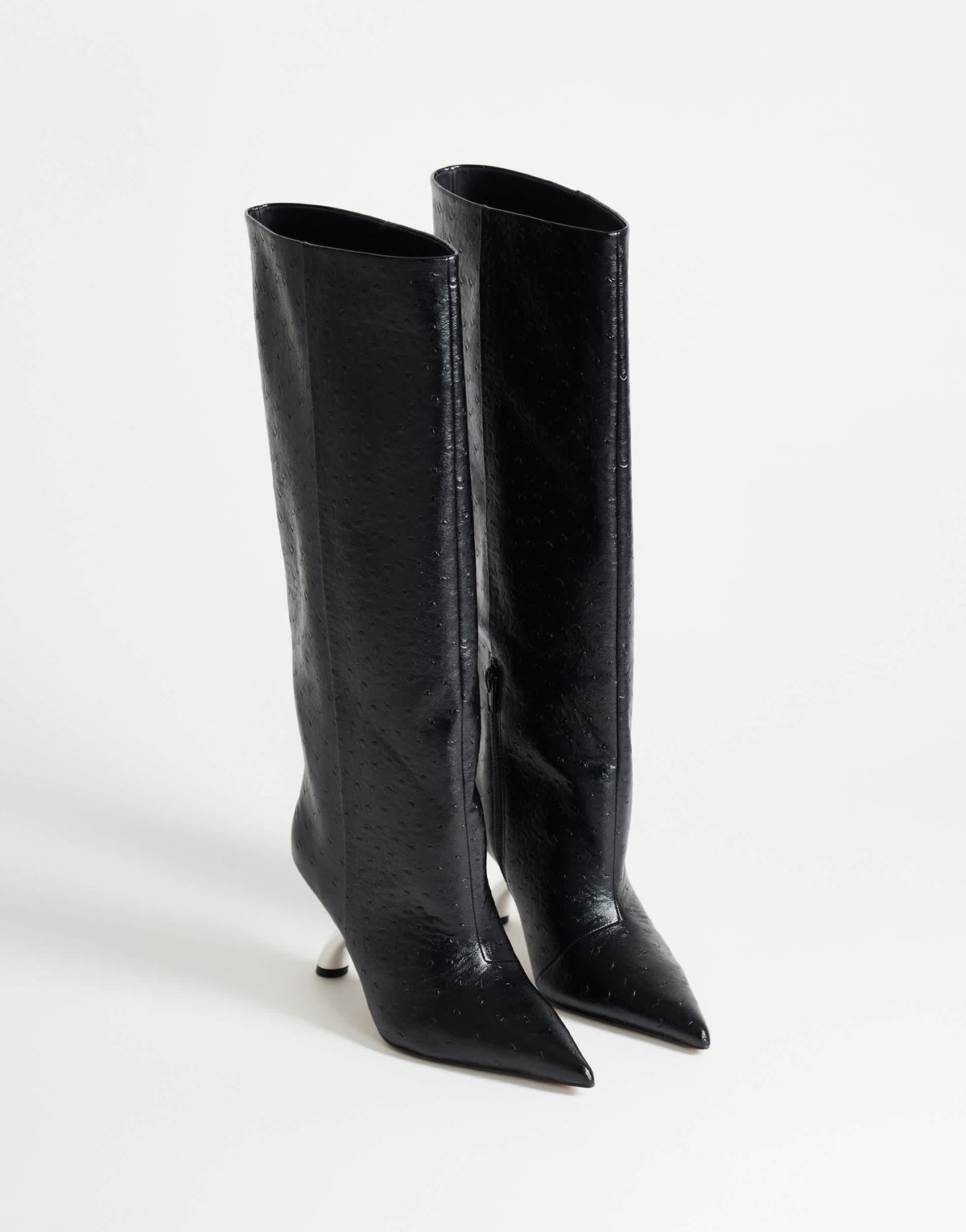 Topshop Trinity angular heel knee high boot in black ostrich and silver