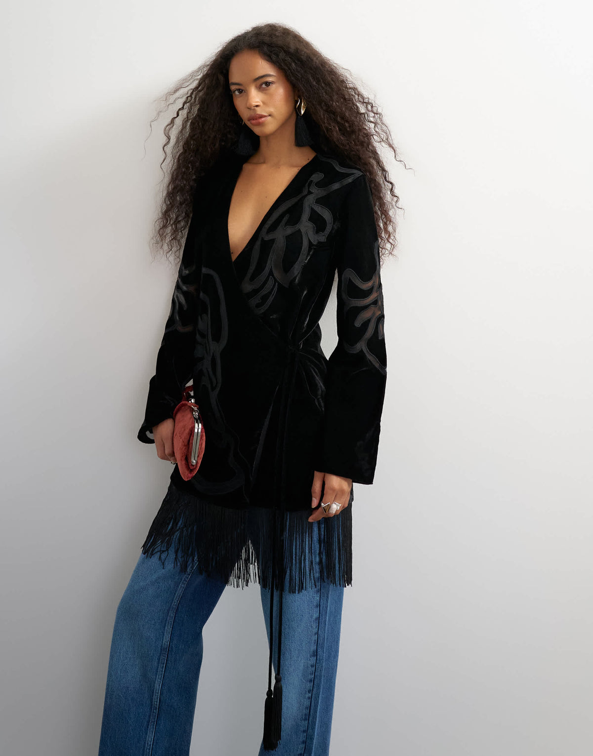 Topshop premium velvet sheer embroidered detail bed jacket mini dress with fringed hem in black