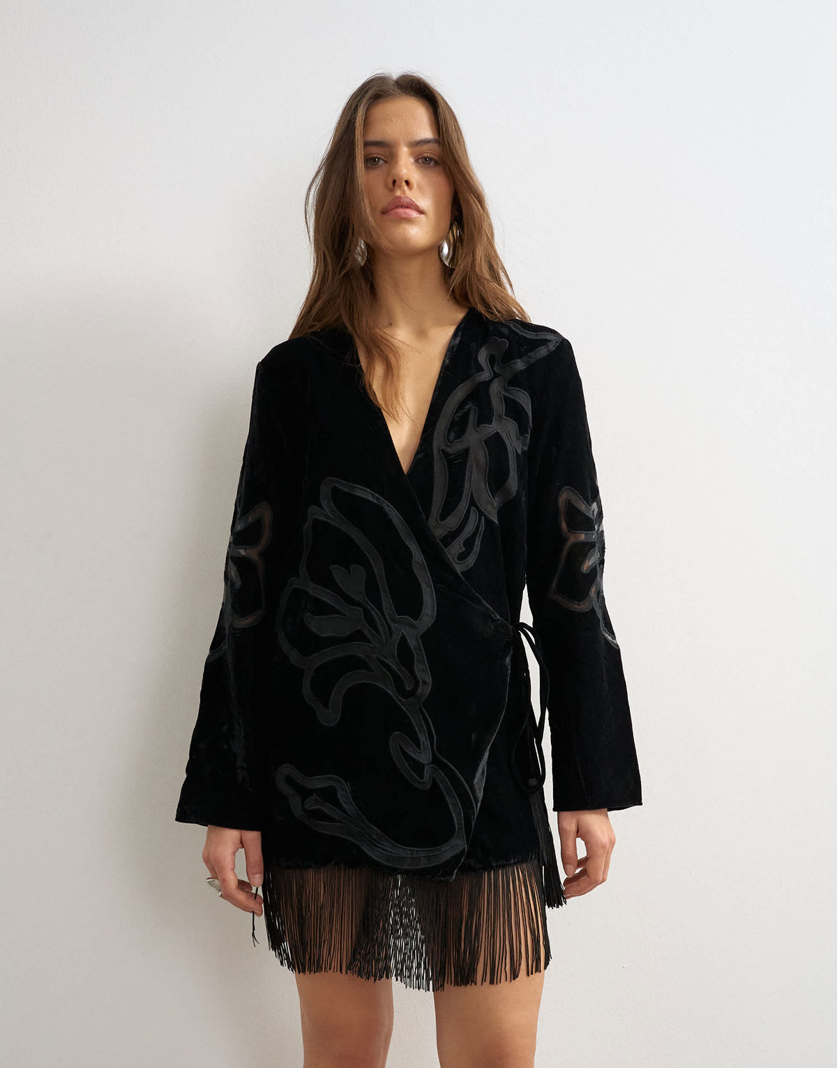 Topshop premium velvet sheer embroidered detail bed jacket mini dress with fringed hem in black