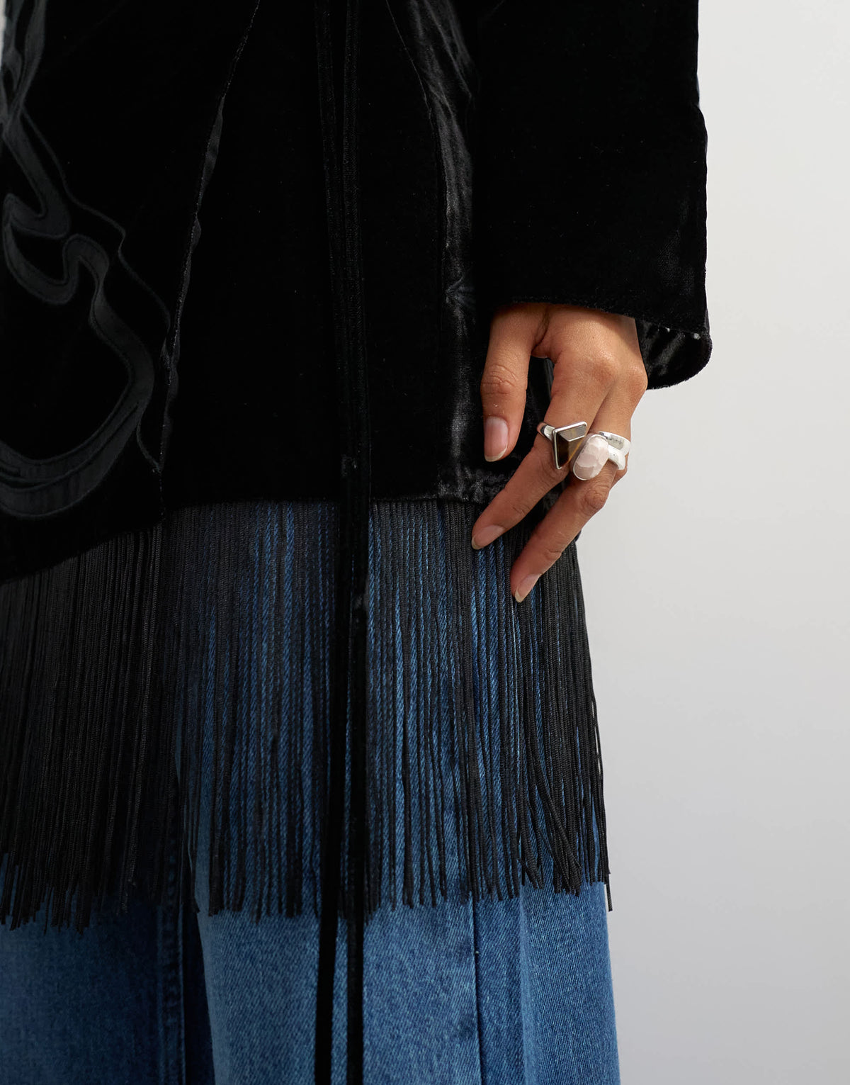 Topshop premium velvet sheer embroidered detail bed jacket mini dress with fringed hem in black