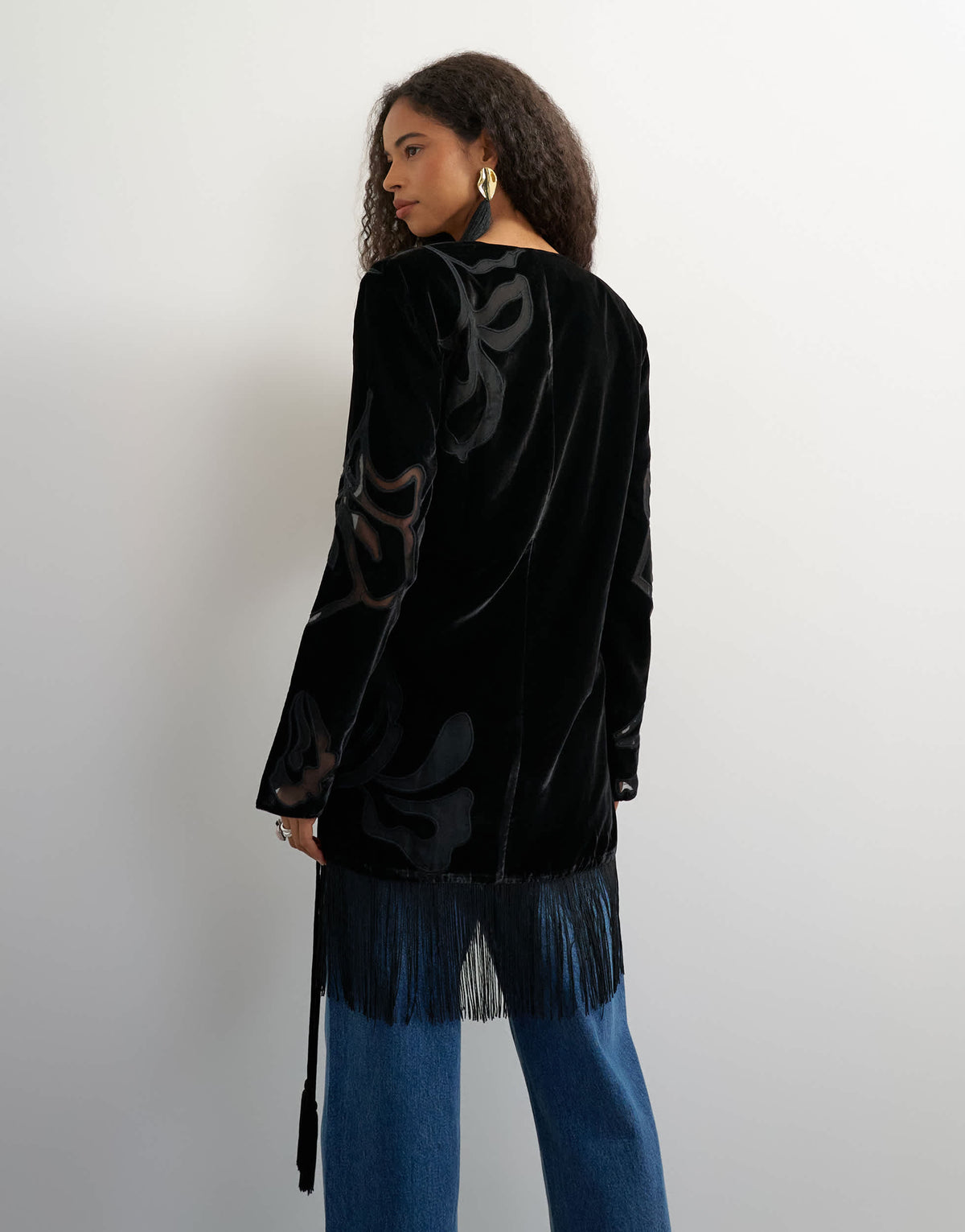 Topshop premium velvet sheer embroidered detail bed jacket mini dress with fringed hem in black