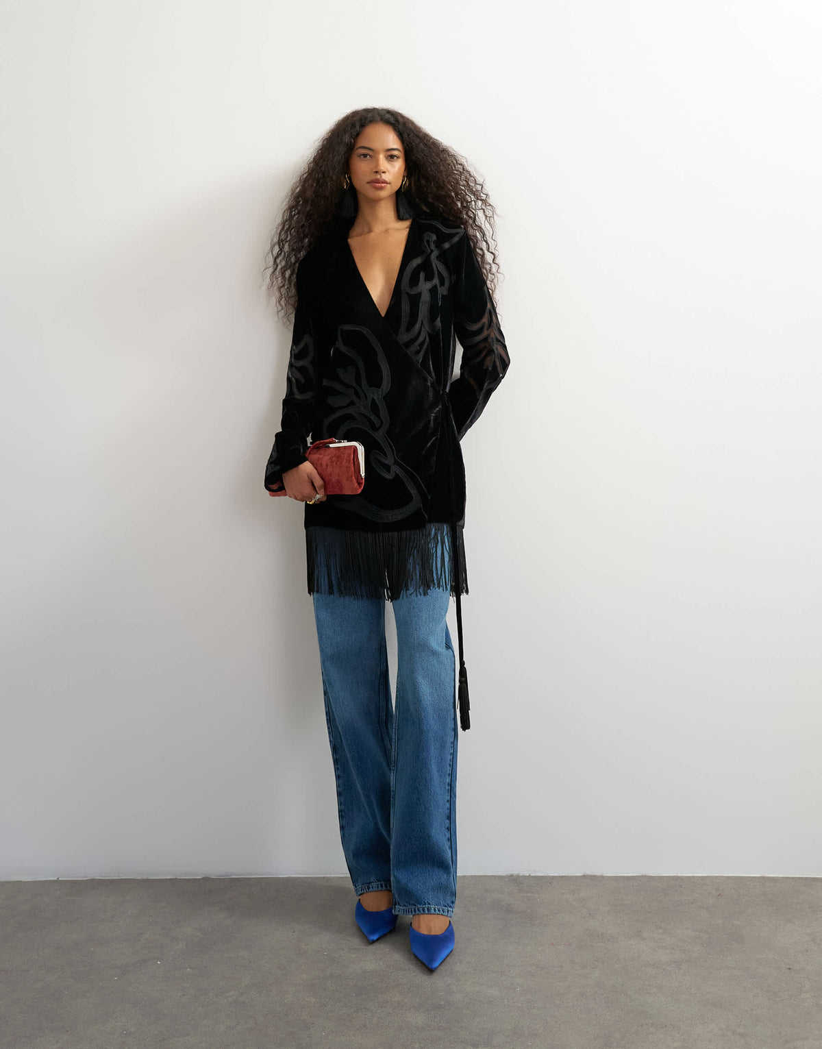 Topshop premium velvet sheer embroidered detail bed jacket mini dress with fringed hem in black