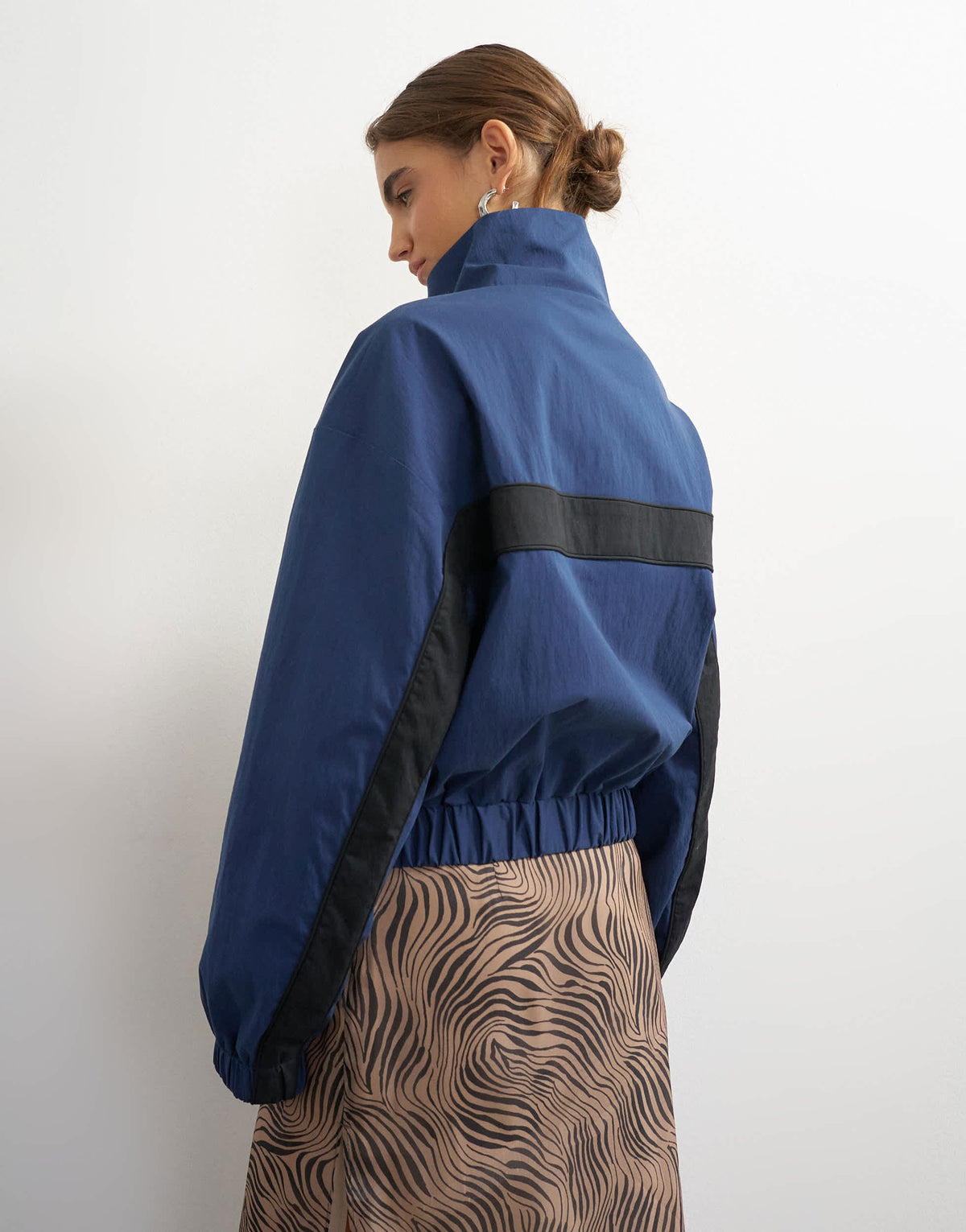 Topshop contrast stripe funnel neck track jacket in navy