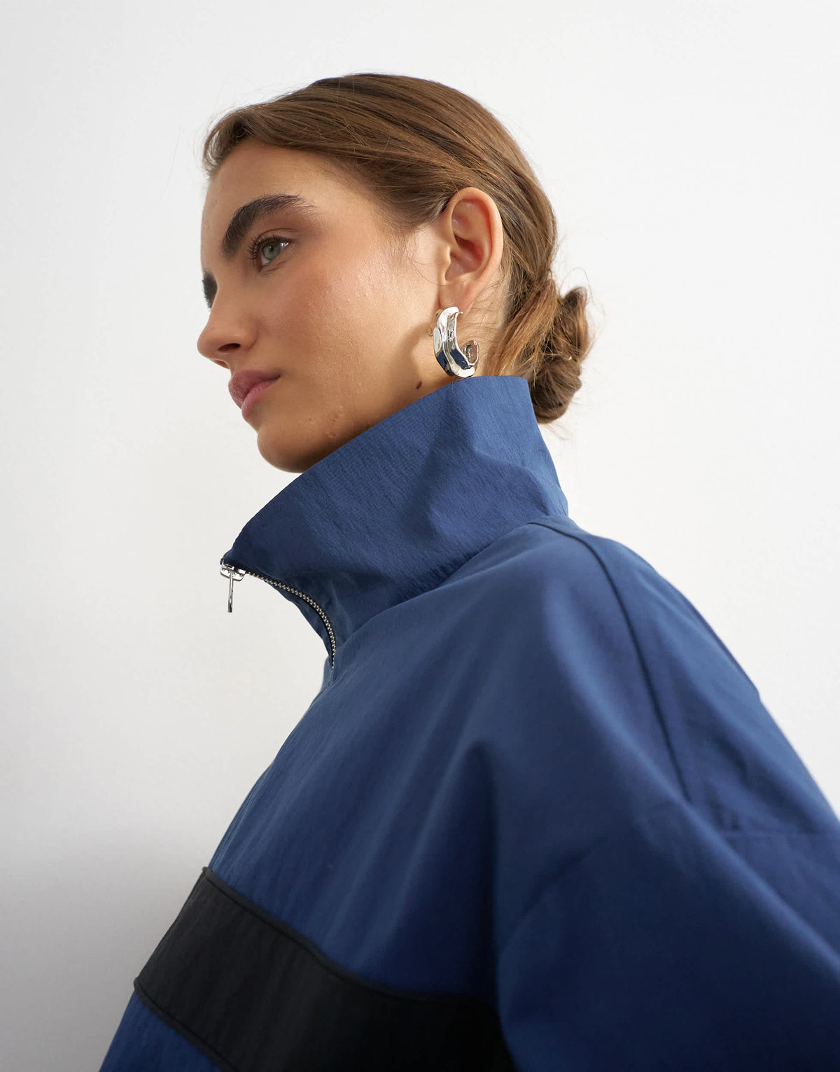 Topshop contrast stripe funnel neck track jacket in navy