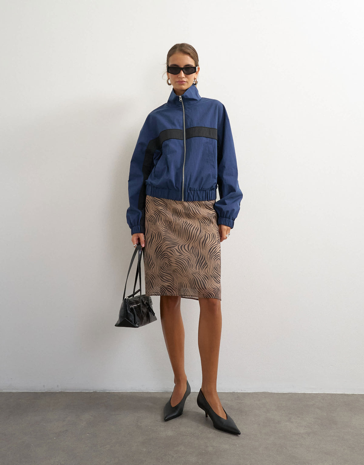 Topshop contrast stripe funnel neck track jacket in navy