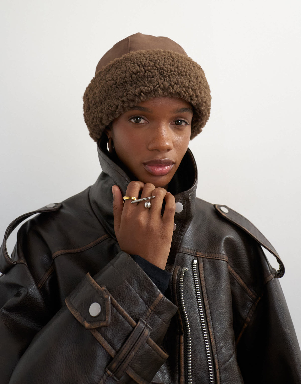 Topshop Honor shearling turn up hat in chocolate