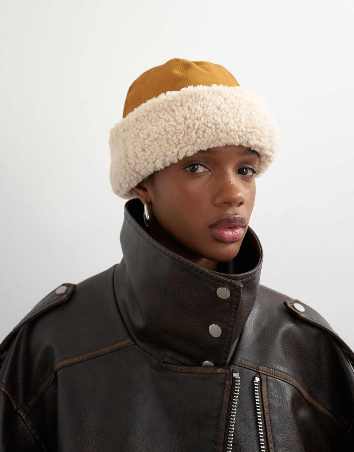 Topshop Honor shearling turn up hat in tan and off white