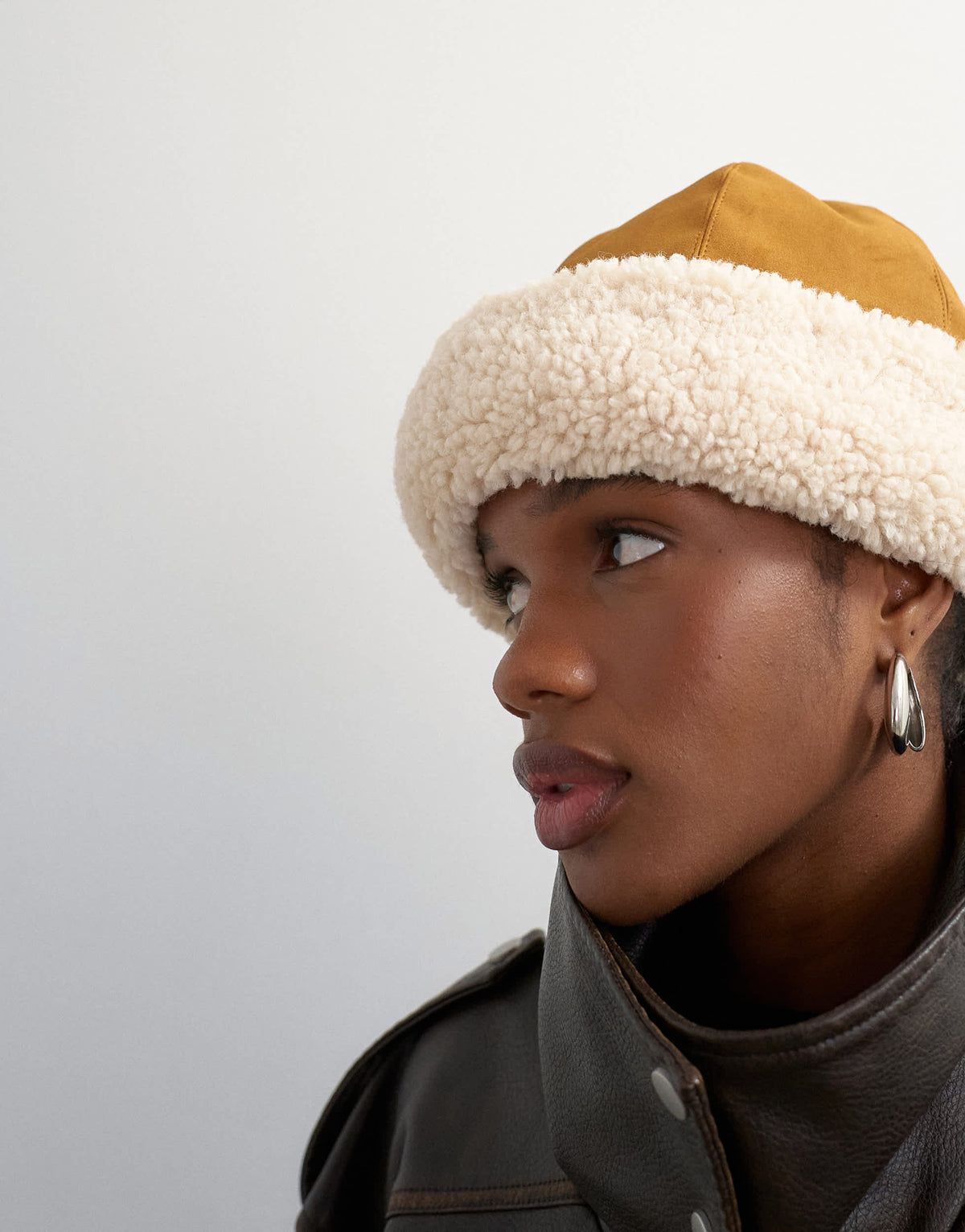 Topshop Honor shearling turn up hat in tan and off white