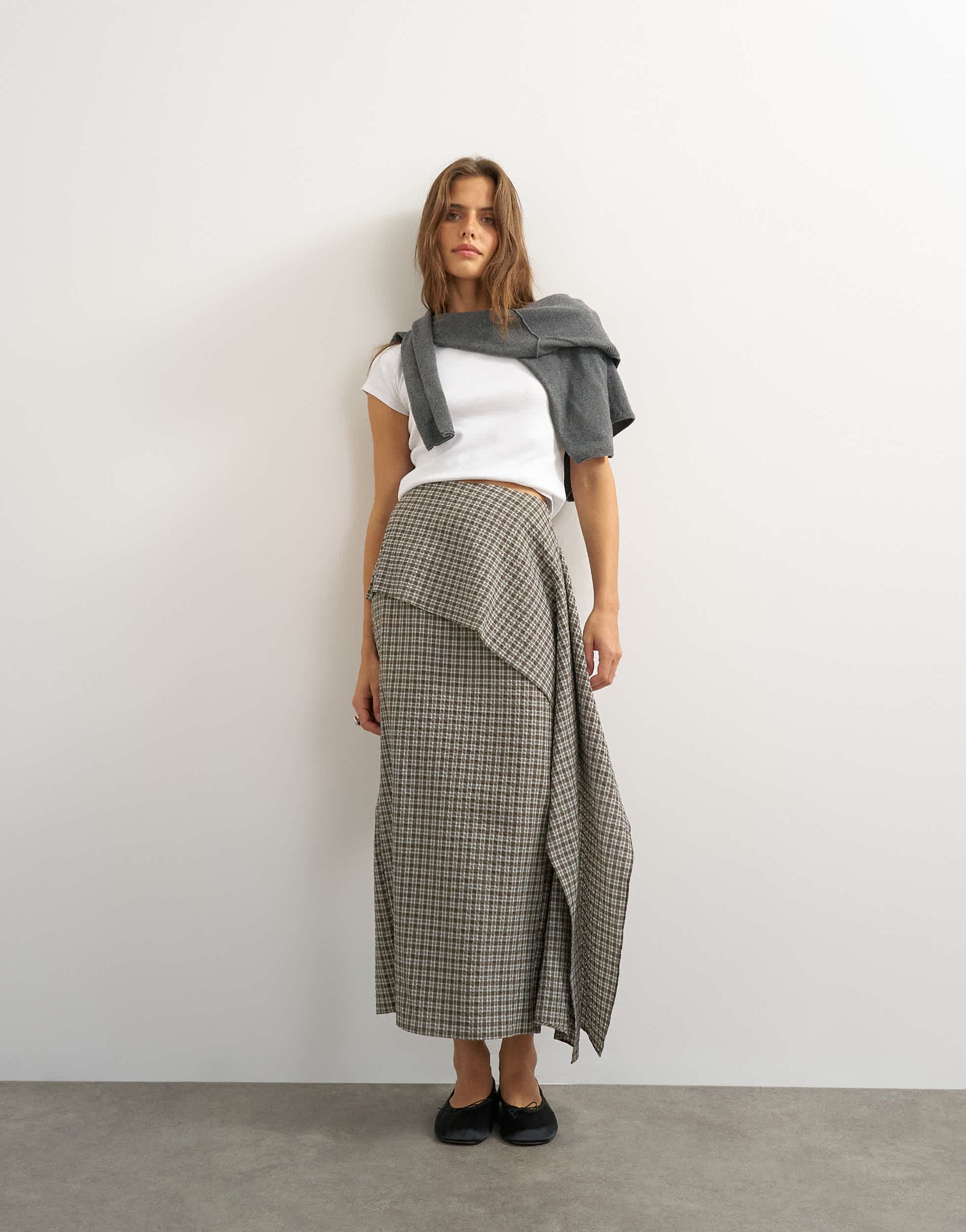 Topshop drape detail maxi skirt in green check