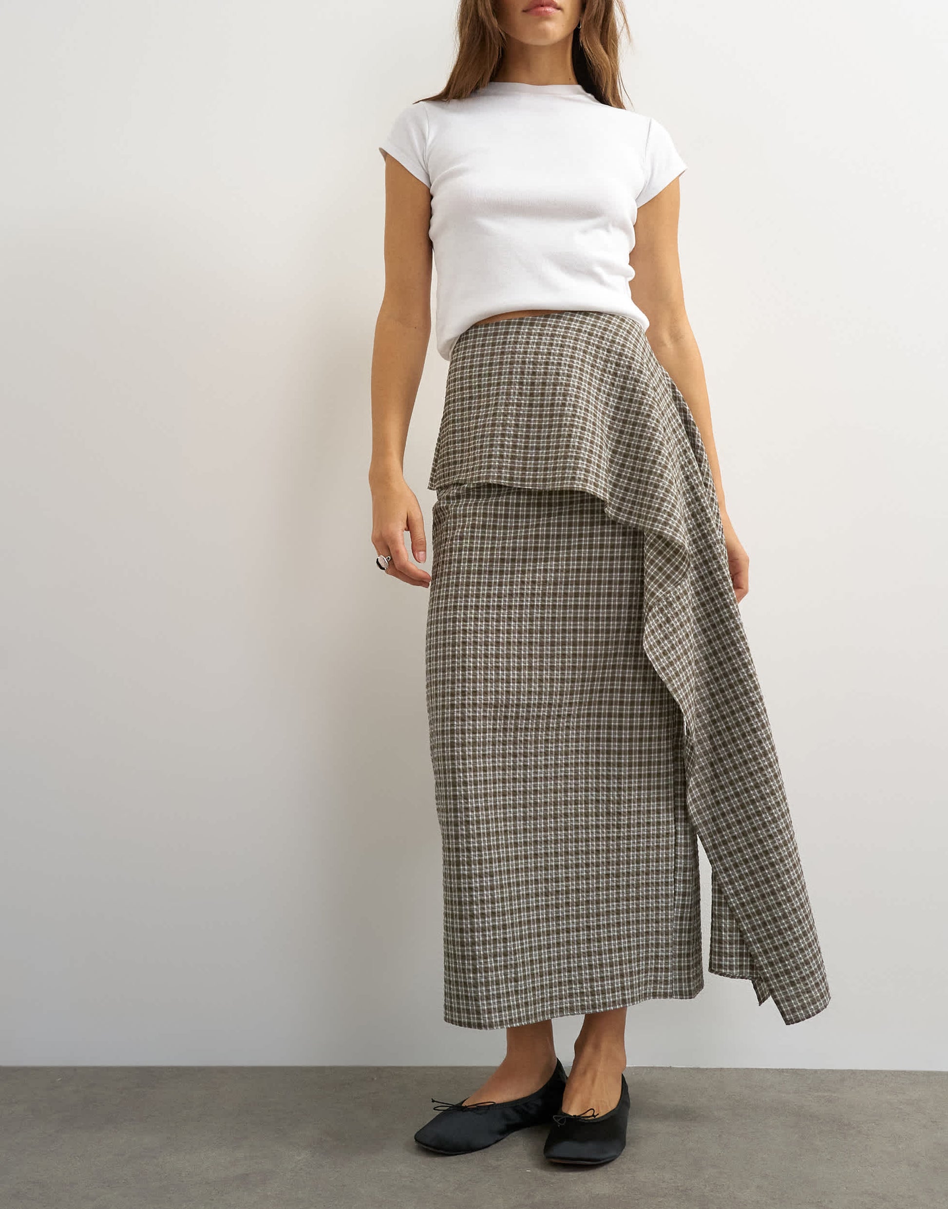 Topshop drape detail maxi skirt in green check