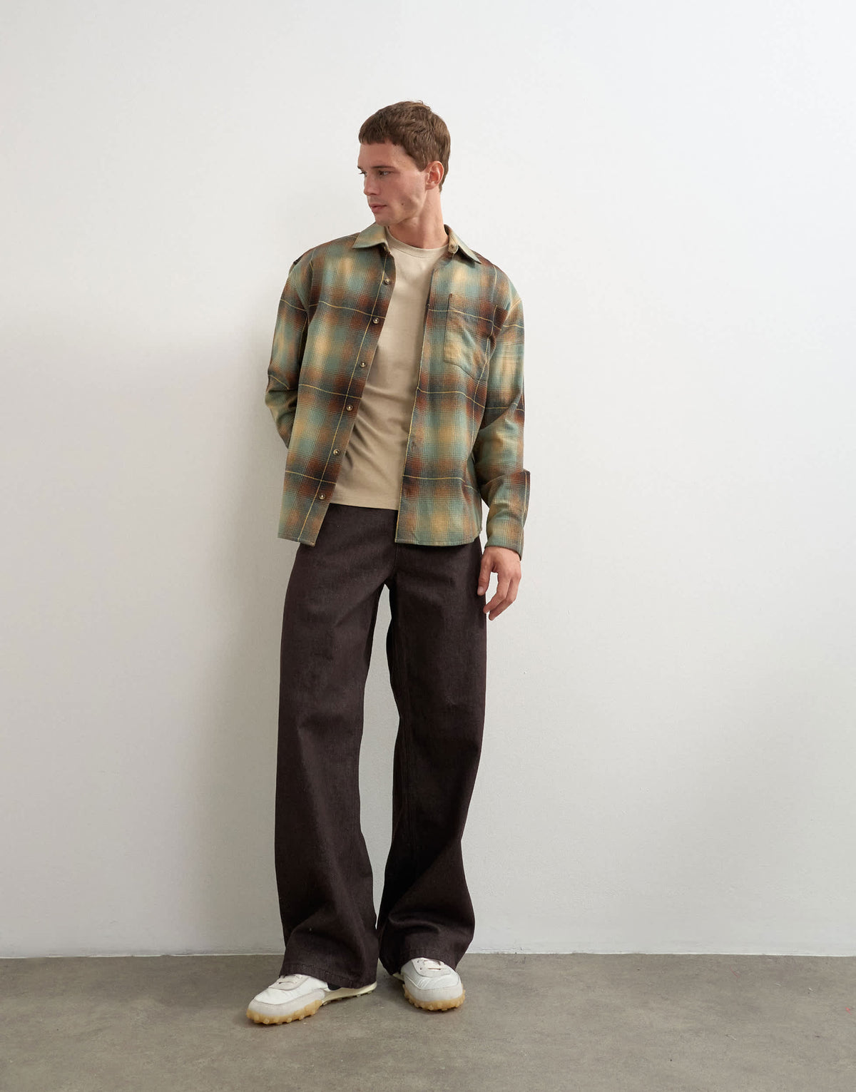 Topman relaxed fit brushed cotton check overshirt in brown and yellow