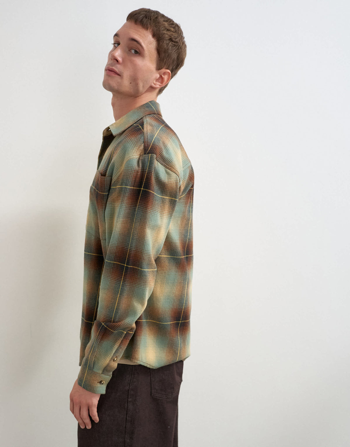 Topman relaxed fit brushed cotton check overshirt in brown and yellow